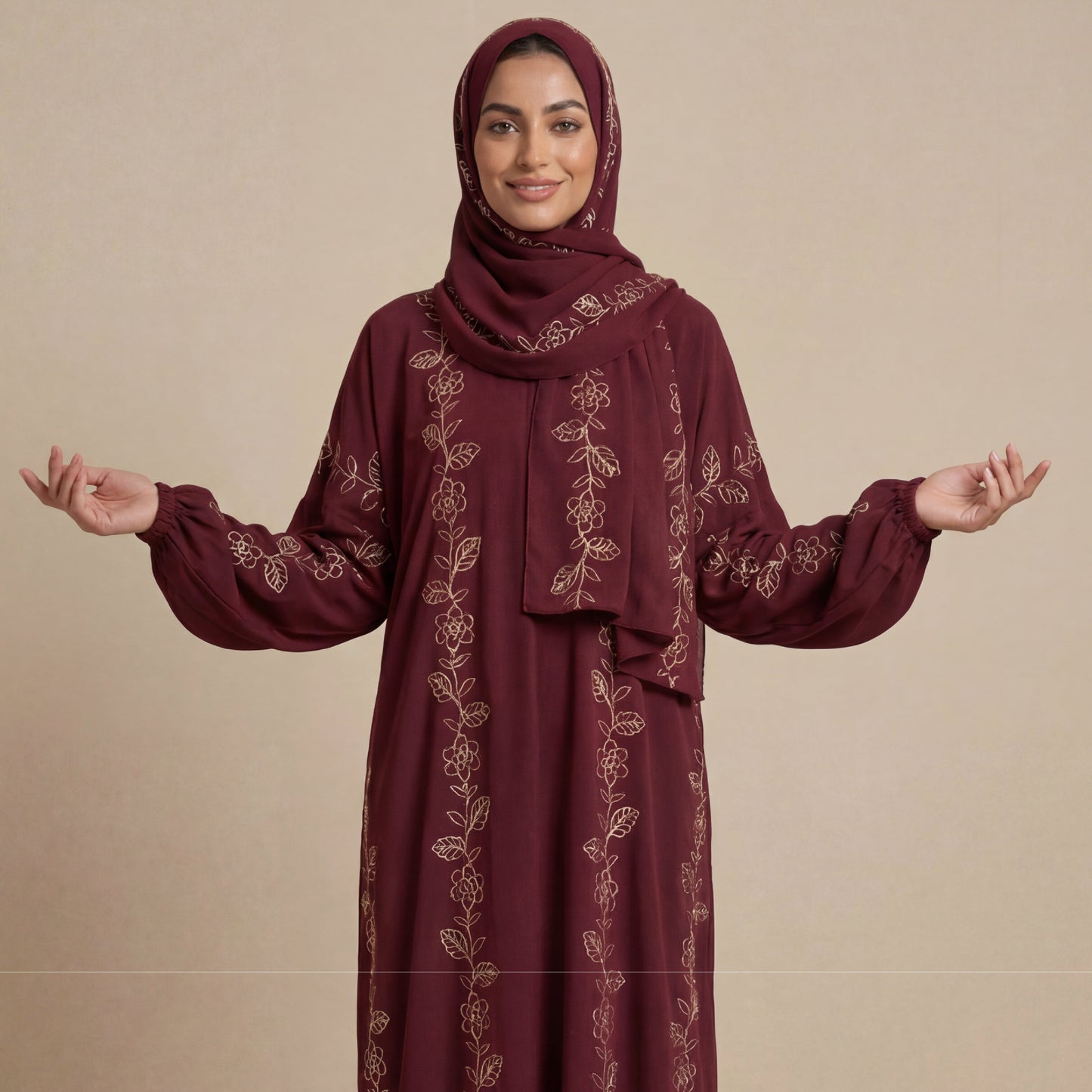 ZY-047 Burgundy Floral Embroidered Prayer Abaya