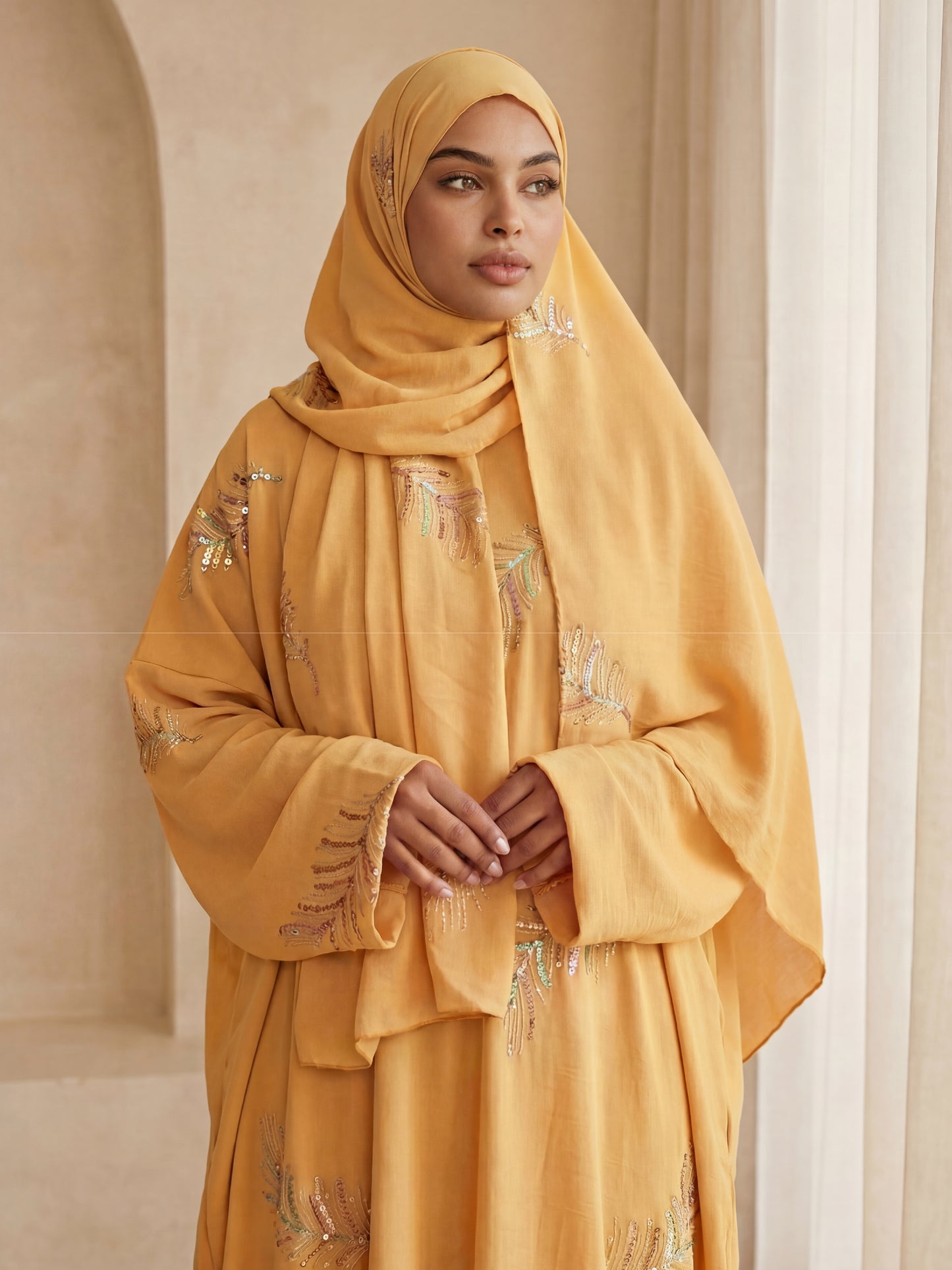 ZY-046 Mustard Embroidered Prayer Abaya