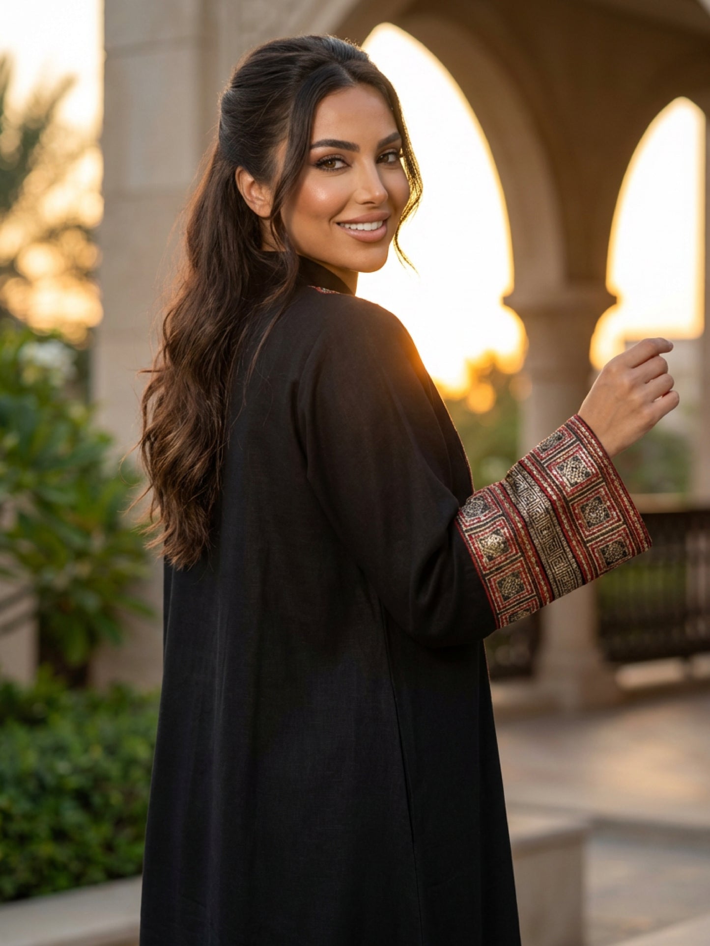 ZY-089 Black Jalabiya with Red & Gold Geometric Detail