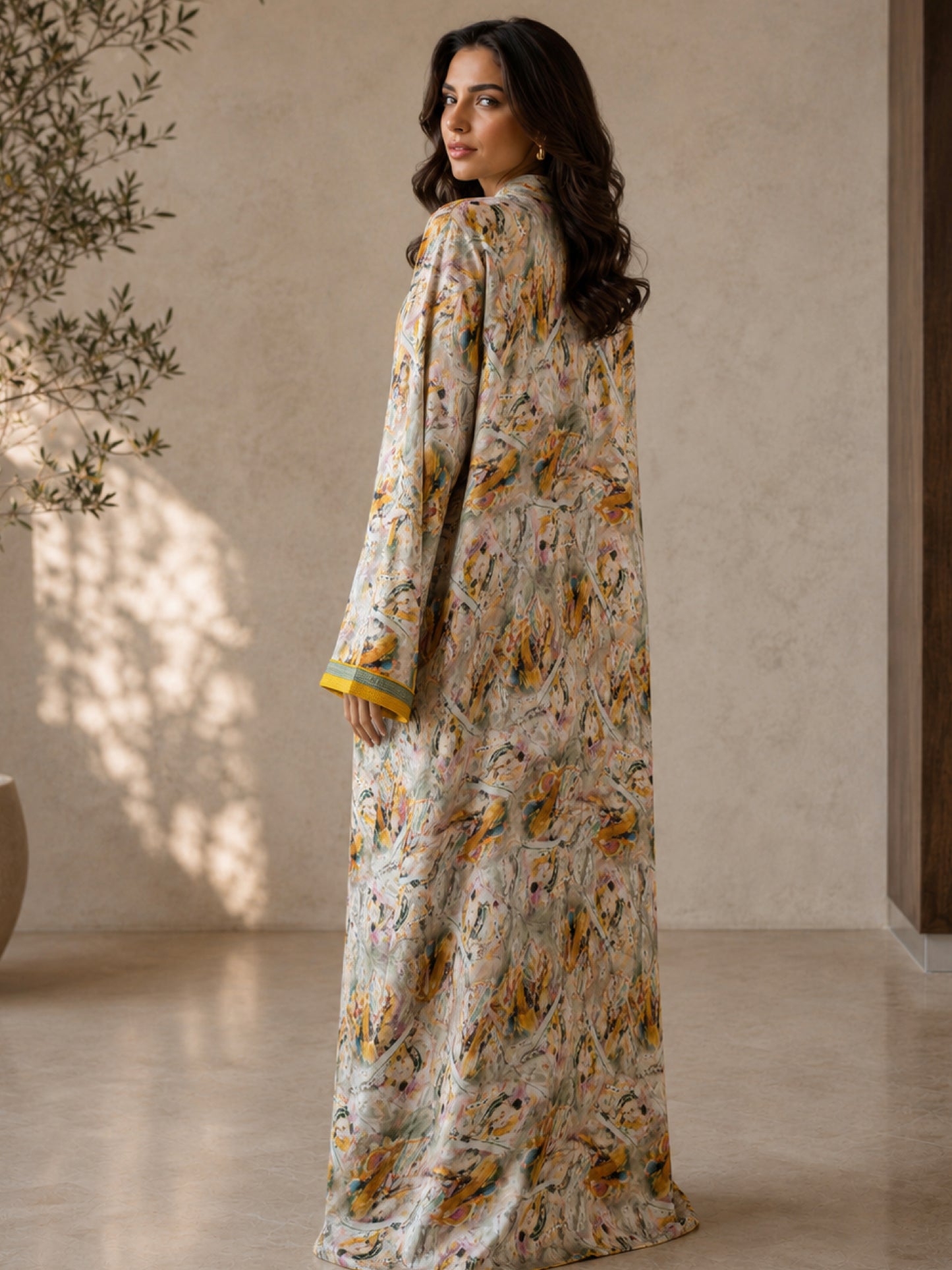 ZY-097 Abstract Print Jalabiya with Mustard Trim