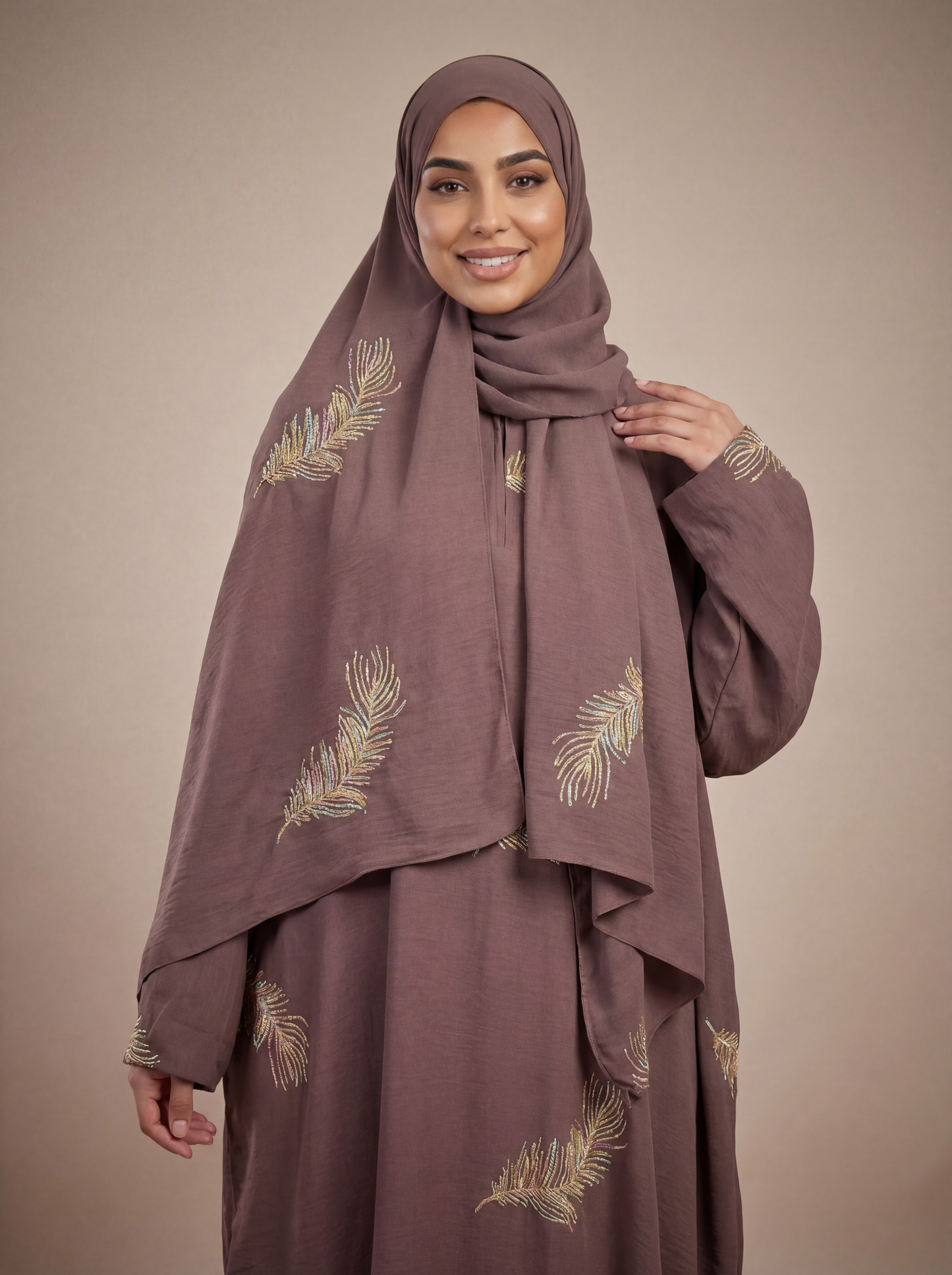 ZY-059 Cocoa Feather Embroidered Prayer Abaya