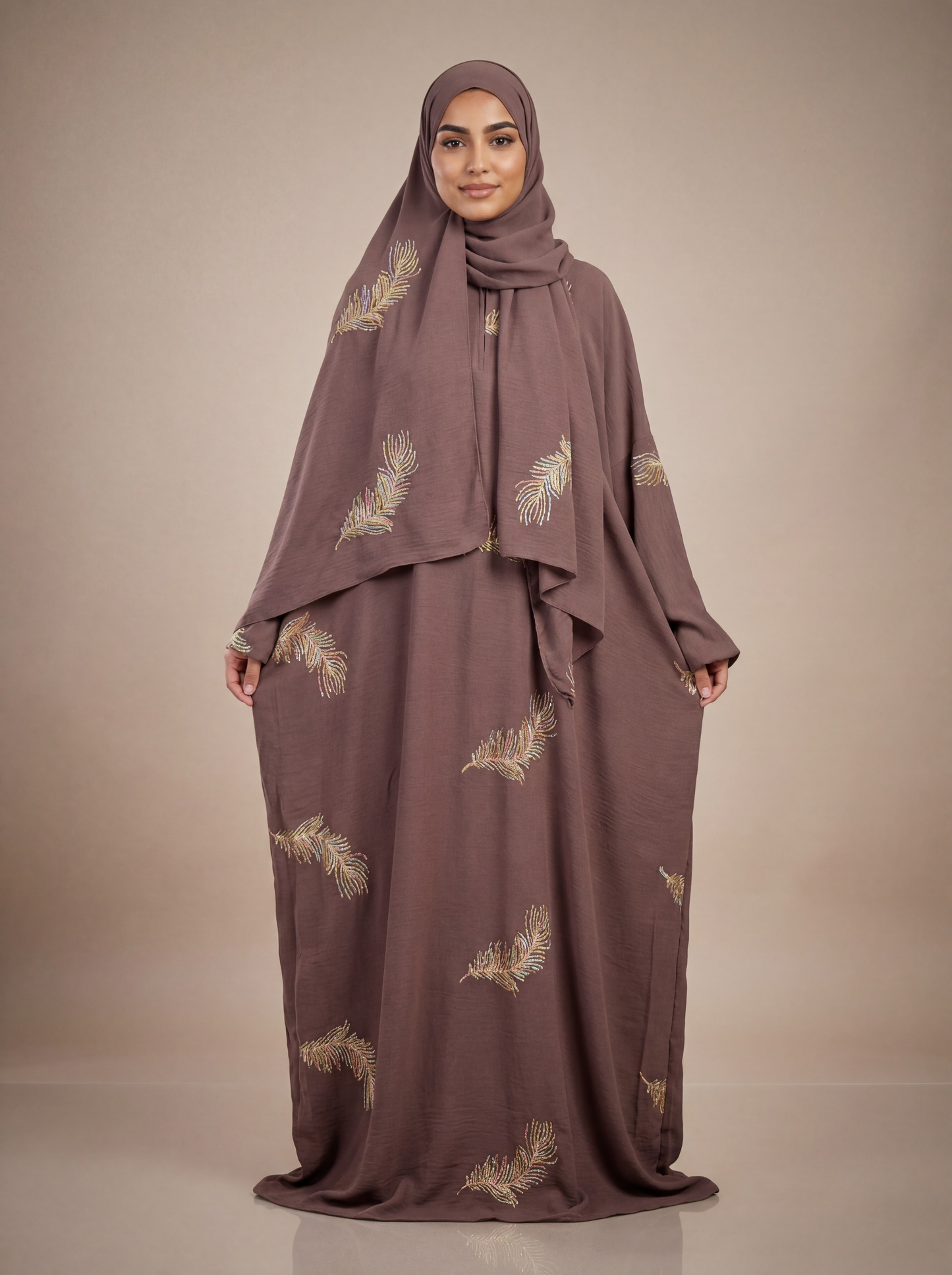 ZY-059 Cocoa Feather Embroidered Prayer Abaya