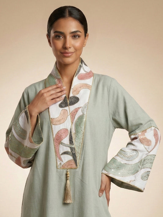ZY-069 Sage Green Abstract Embroidered Jalabiya