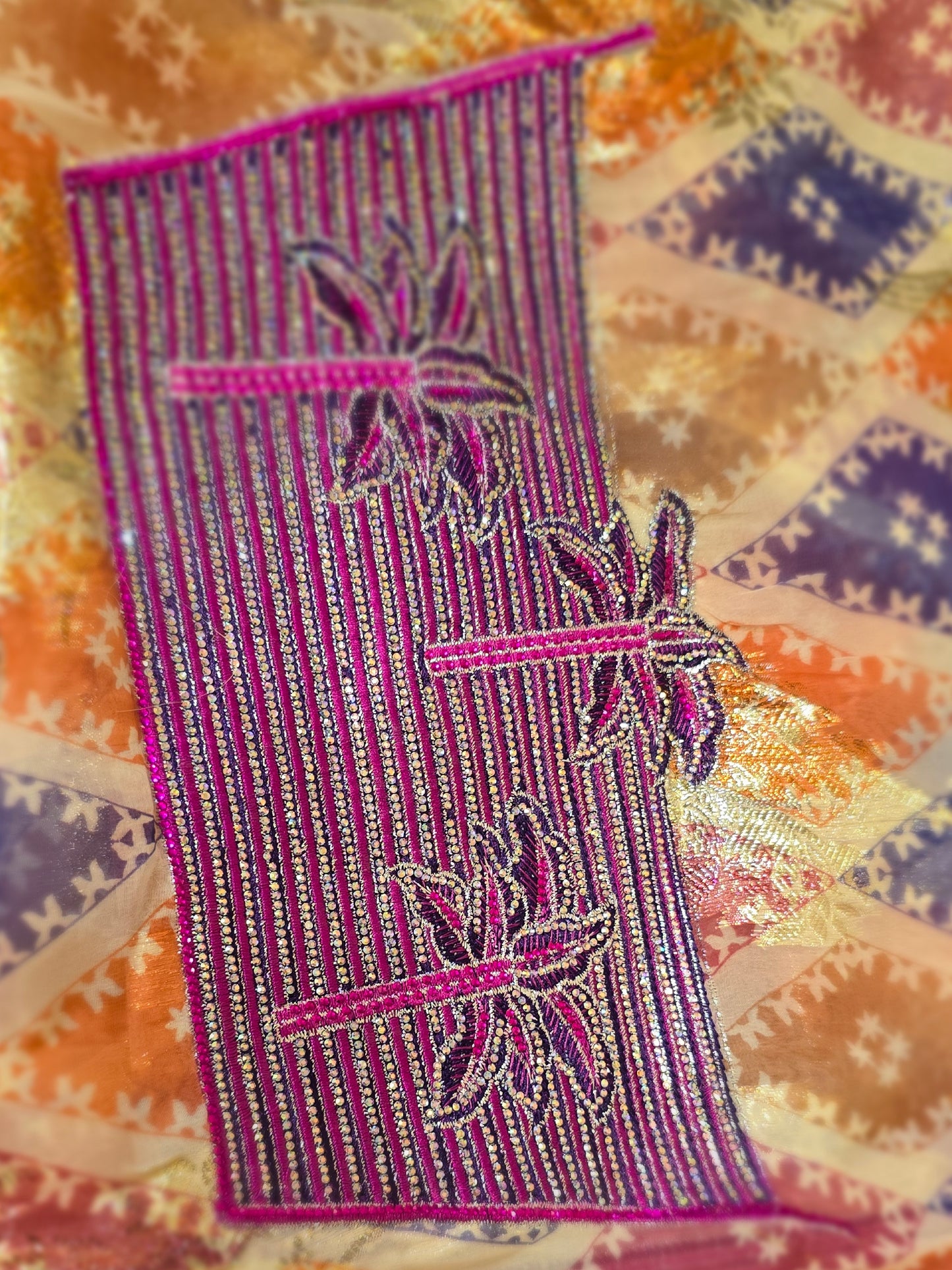 ZY-FAB-001 Chiffon Mukhawer Fabric with Gold Accents