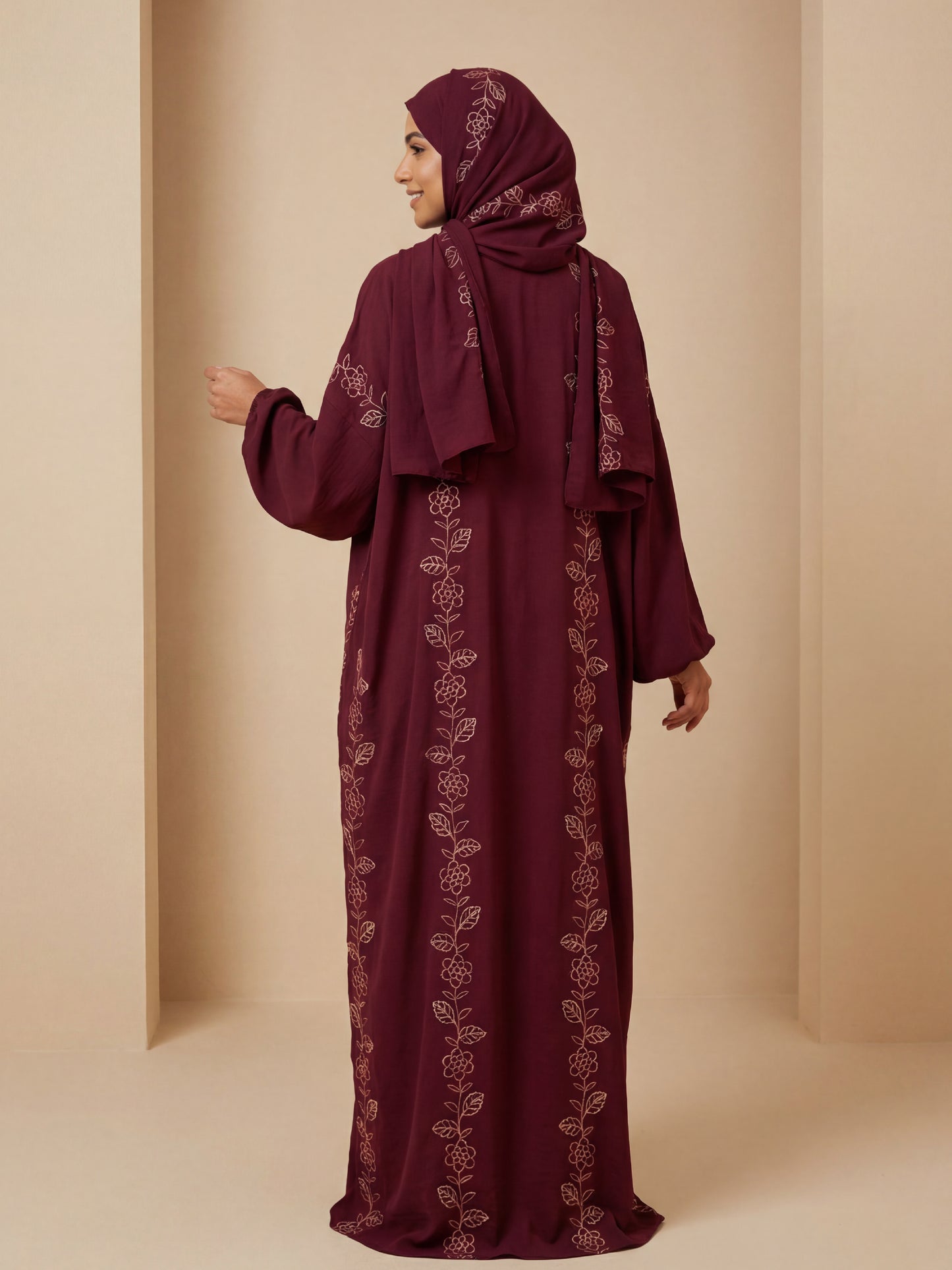 ZY-047 Burgundy Floral Embroidered Prayer Abaya