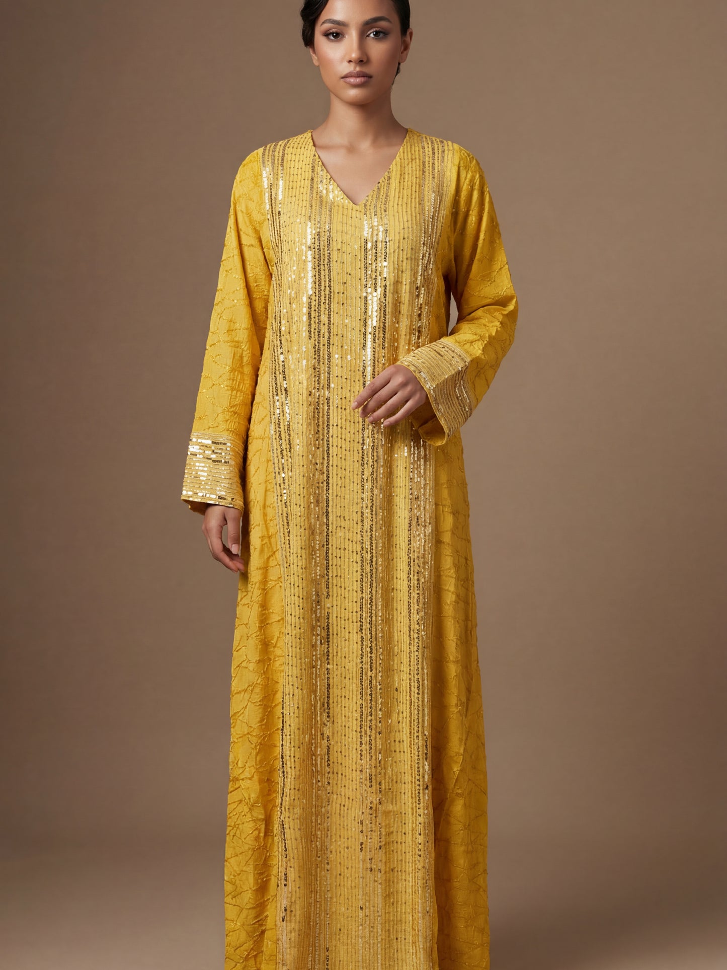 ZY-045 Yellow Jalabiya with Silver Sequin Panel