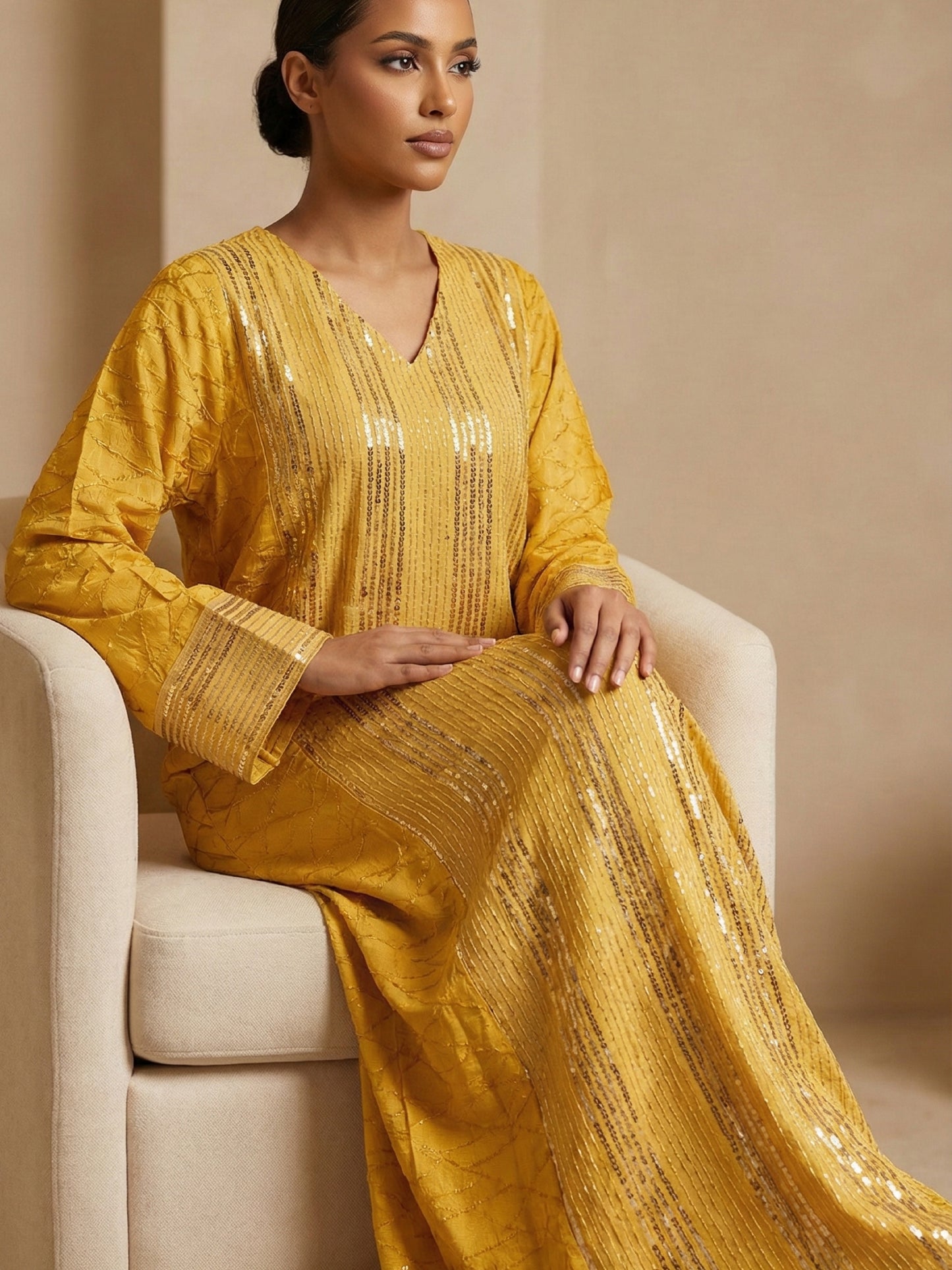 ZY-045 Yellow Jalabiya with Silver Sequin Panel