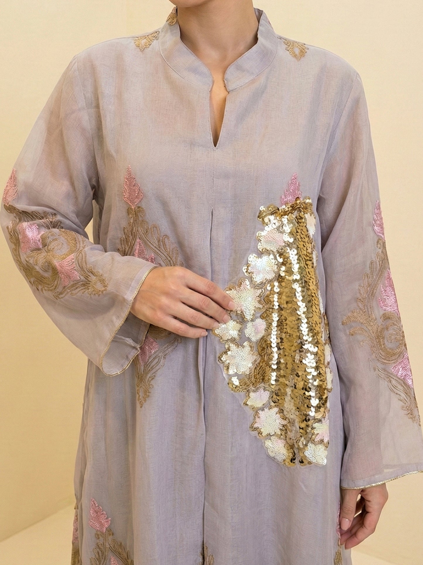 ZY-057 Grey Embroidered Sequin Statement Jalabiya