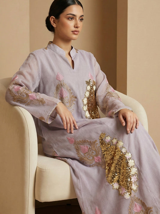 ZY-057 Grey Embroidered Sequin Statement Jalabiya