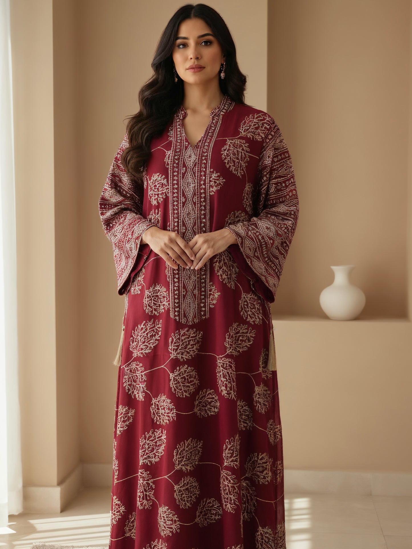 ZY-067-Burgundy Leaf Embroidered Jalabiya