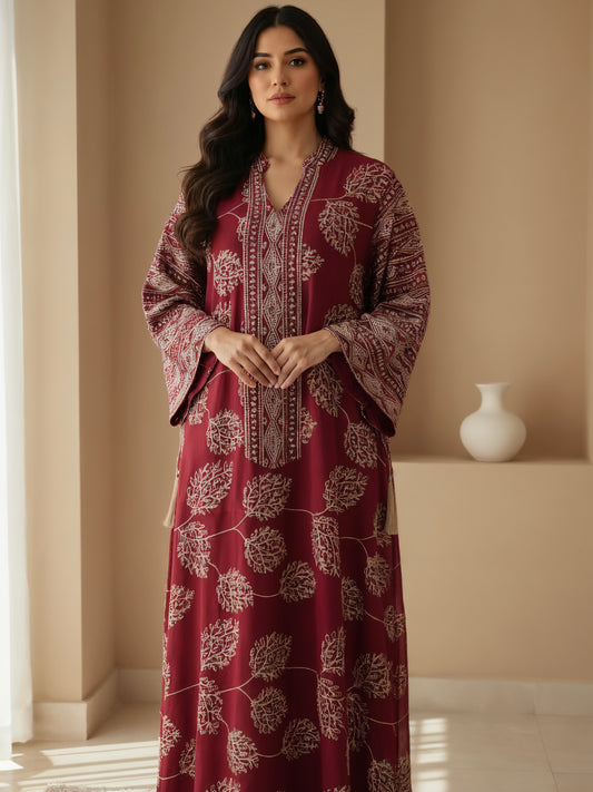 ZY-067-Burgundy Leaf Embroidered Jalabiya