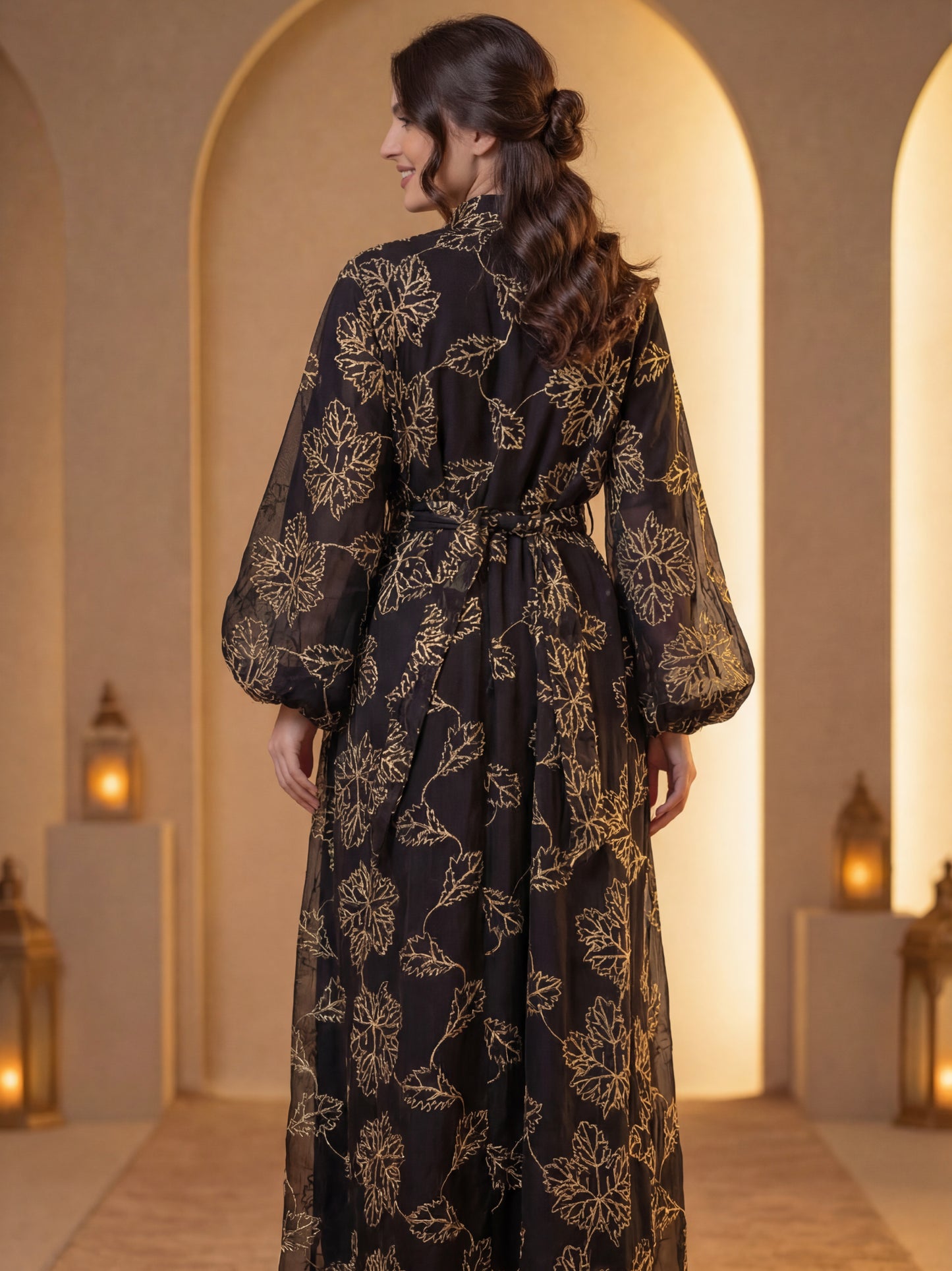 ZY-073 Black Gold Leaf Embroidered Jalabiya