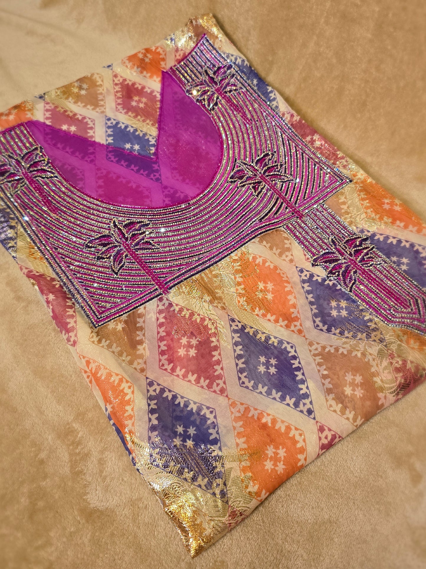 ZY-FAB-001 Chiffon Mukhawer Fabric with Gold Accents