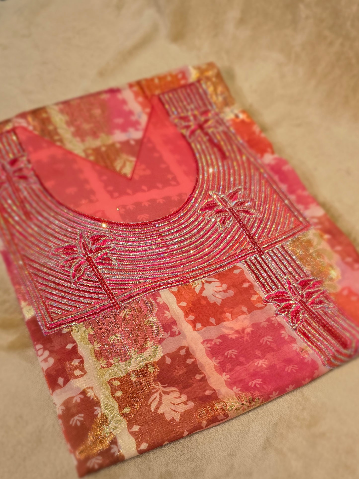 ZY-FAB-003 Pink Chiffon Mukhawer Fabric with Gold Accents