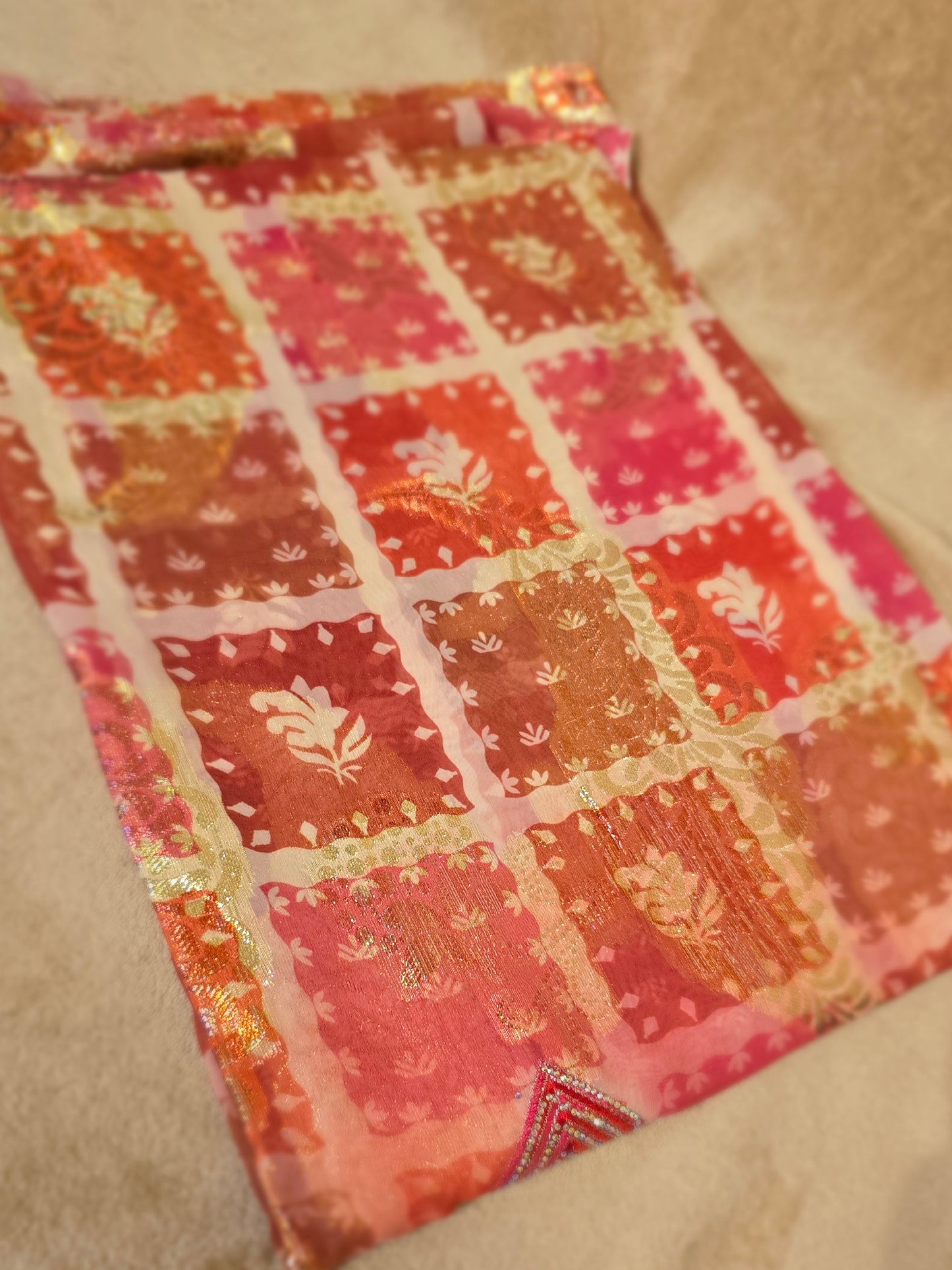 ZY-FAB-003 Pink Chiffon Mukhawer Fabric with Gold Accents