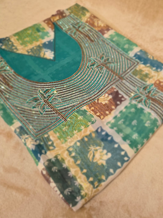 ZY-FAB-002 Green Chiffon Mukhawer Fabric with Gold Accents