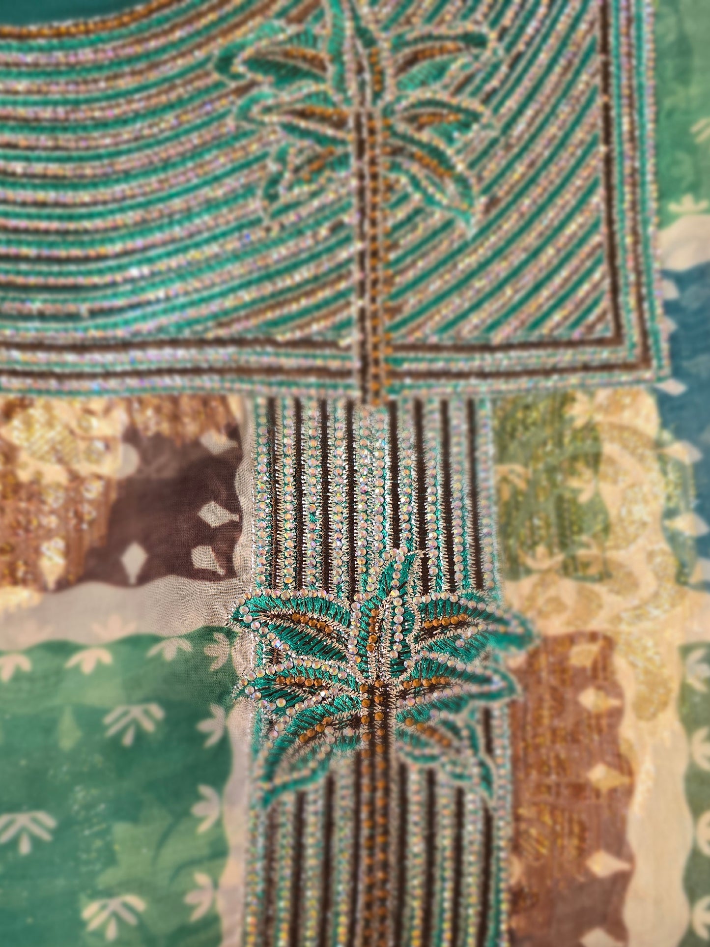 ZY-FAB-002 Green Chiffon Mukhawer Fabric with Gold Accents