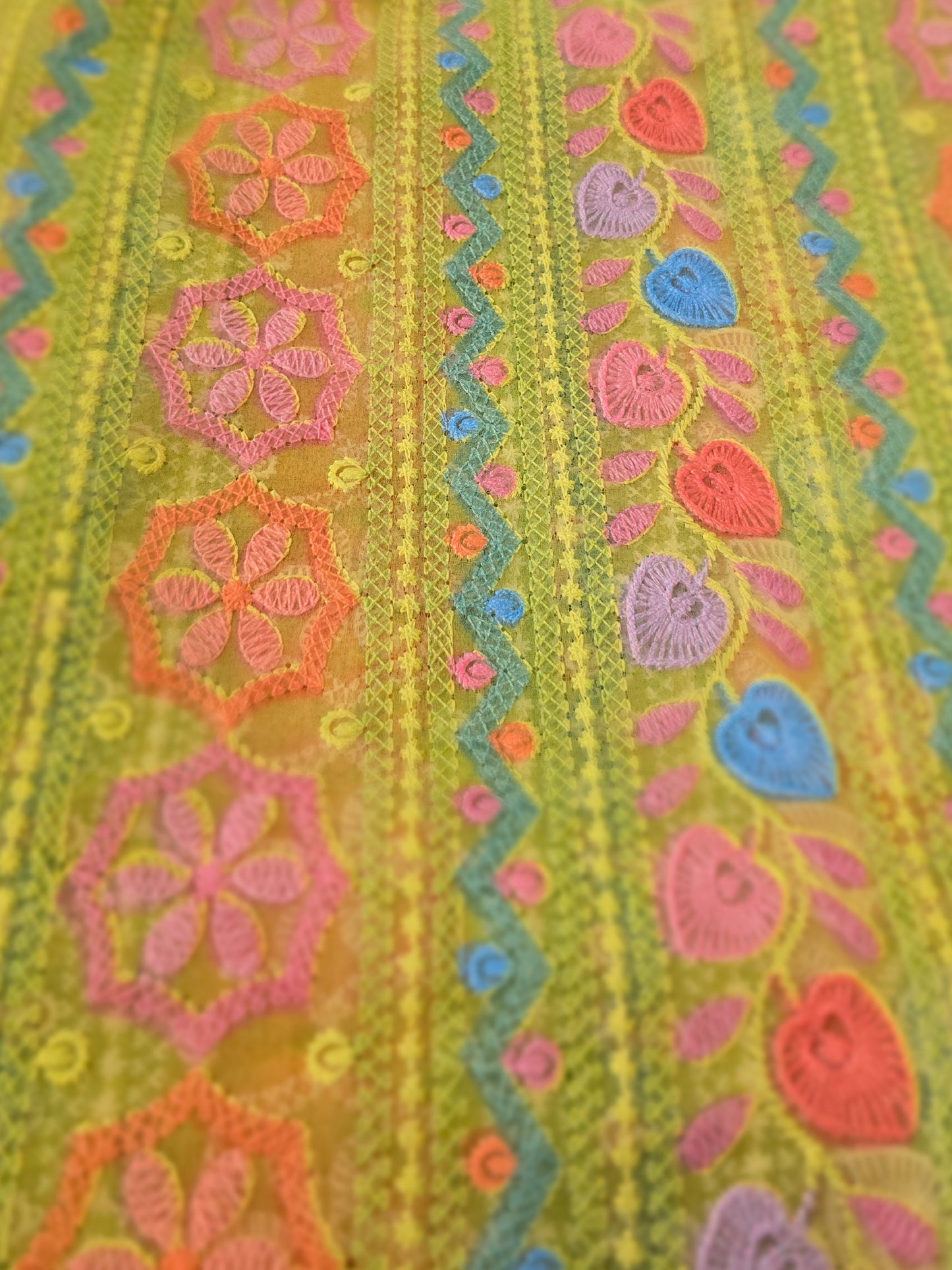 ZY-FAB-006 Lime Chiffon Mukhawer Fabric with Indian-Inspired Embroidery
