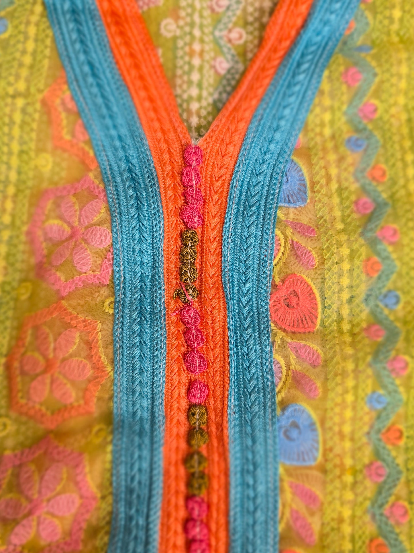 ZY-FAB-006 Lime Chiffon Mukhawer Fabric with Indian-Inspired Embroidery