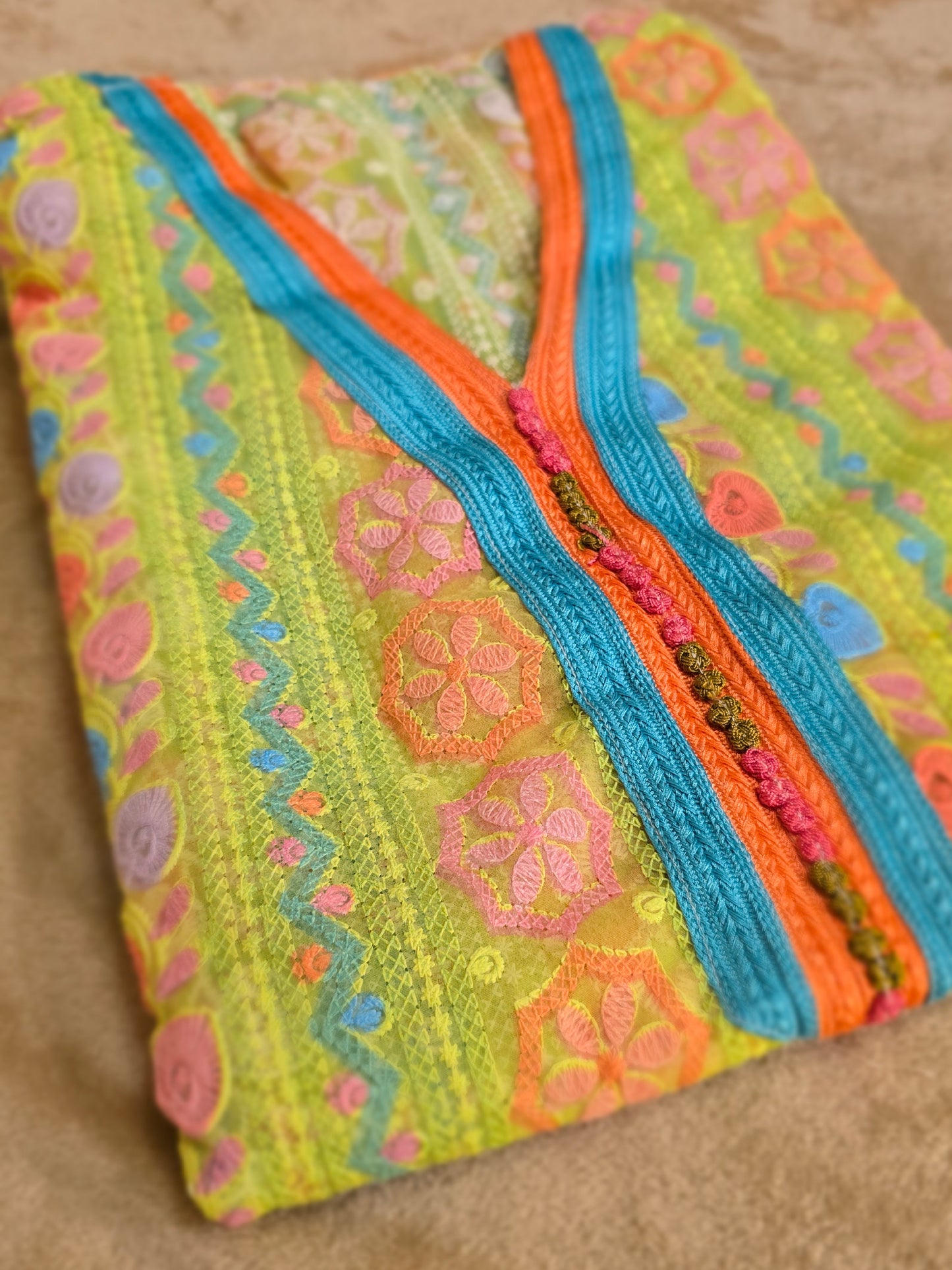 ZY-FAB-006 Lime Chiffon Mukhawer Fabric with Indian-Inspired Embroidery