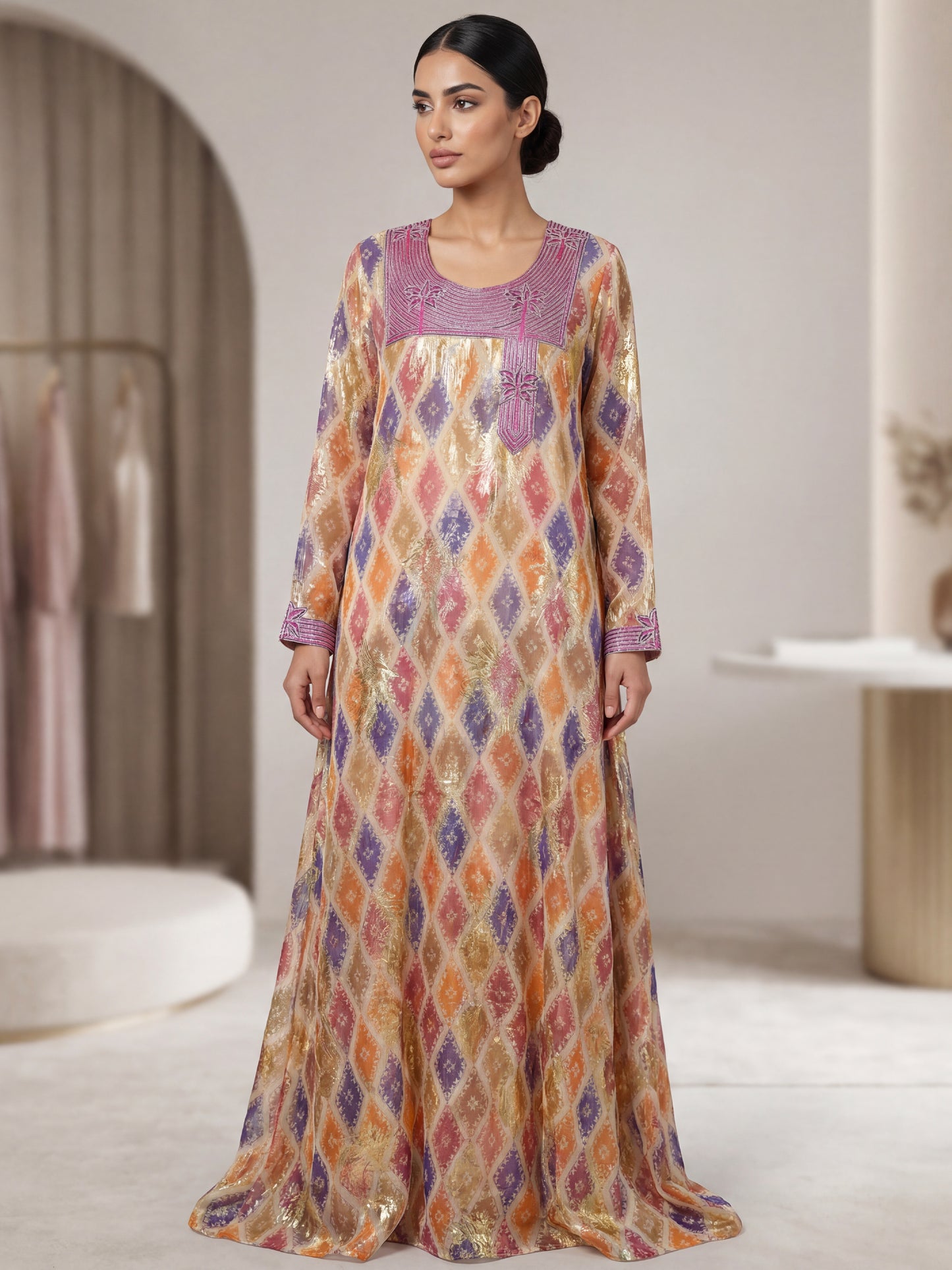 ZY-FAB-001 Chiffon Mukhawer Fabric with Gold Accents