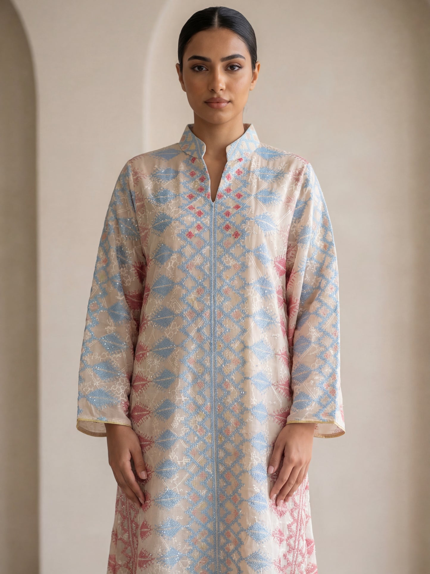 ZY-077 Cream Pastel Embroidered Jalabiya