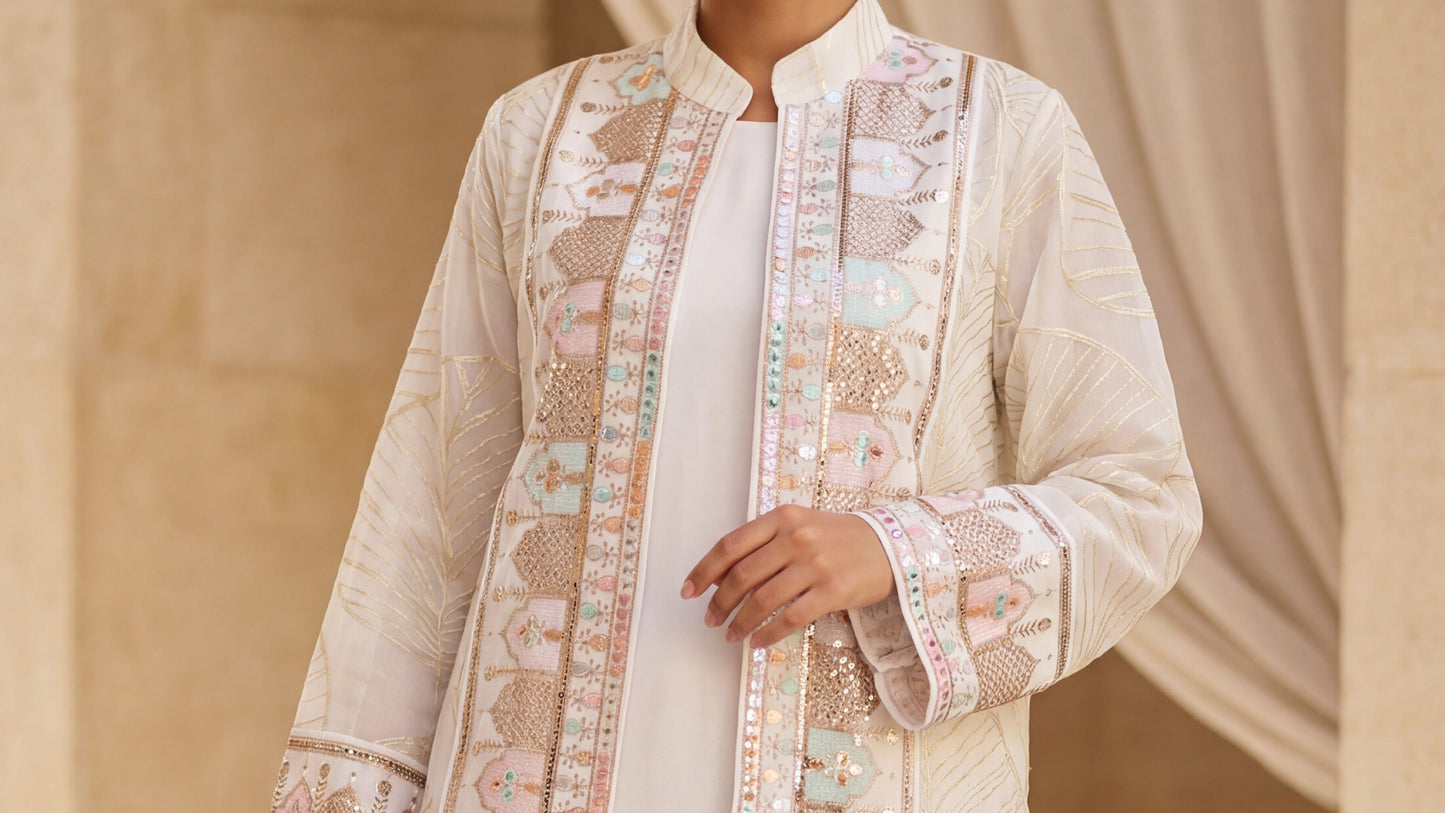 ZY-080 White 2-Piece Embroidered Sheer Abaya & Inner Jalabiya Set