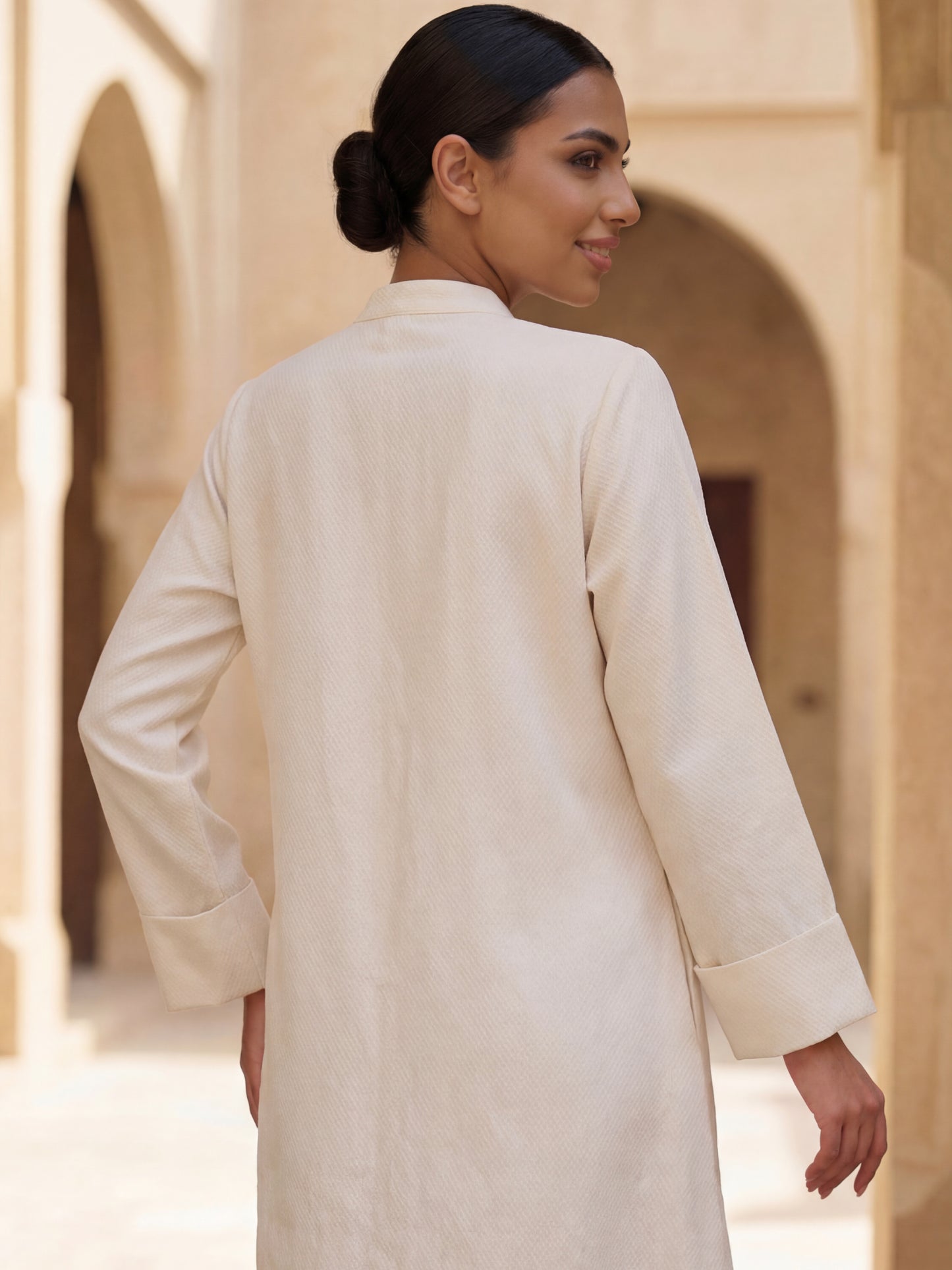 ZY-082 Cream Minimal Jalabiya with Gold Embroidered Panel