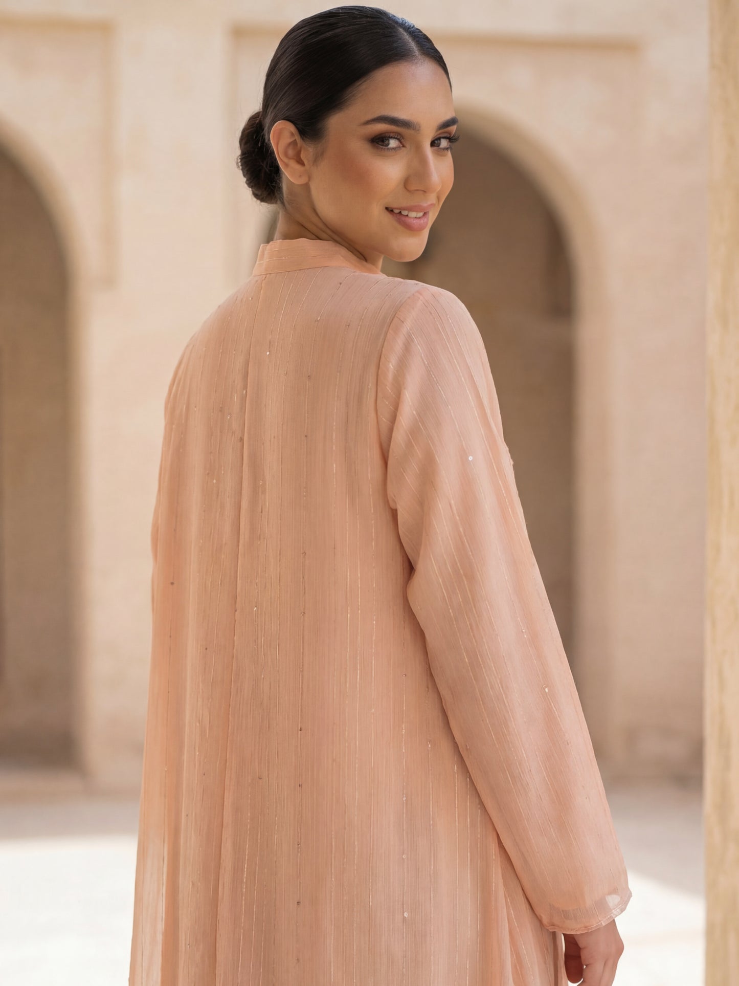 ZY-083 Light Peach Embellished Jalabiya with Floral Sequin Detailing
