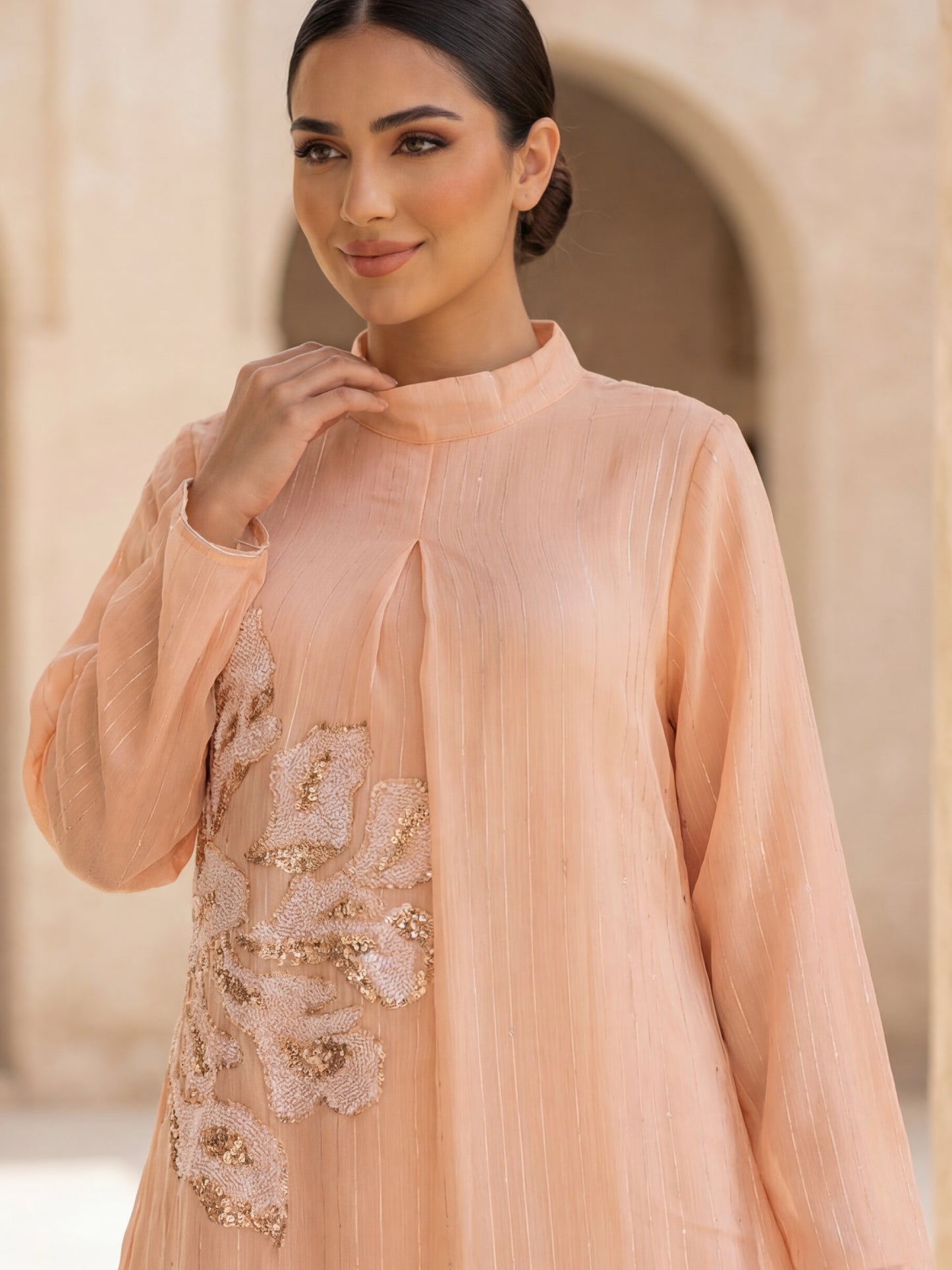 ZY-083 Light Peach Embellished Jalabiya with Floral Sequin Detailing