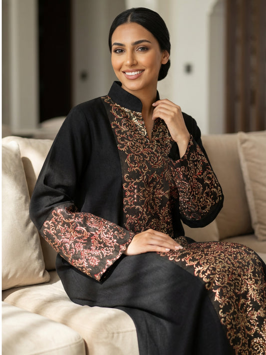 ZY-088-BLK جلابية سوداء فاخرة بتطريز ذهبي وأحمر راقٍ