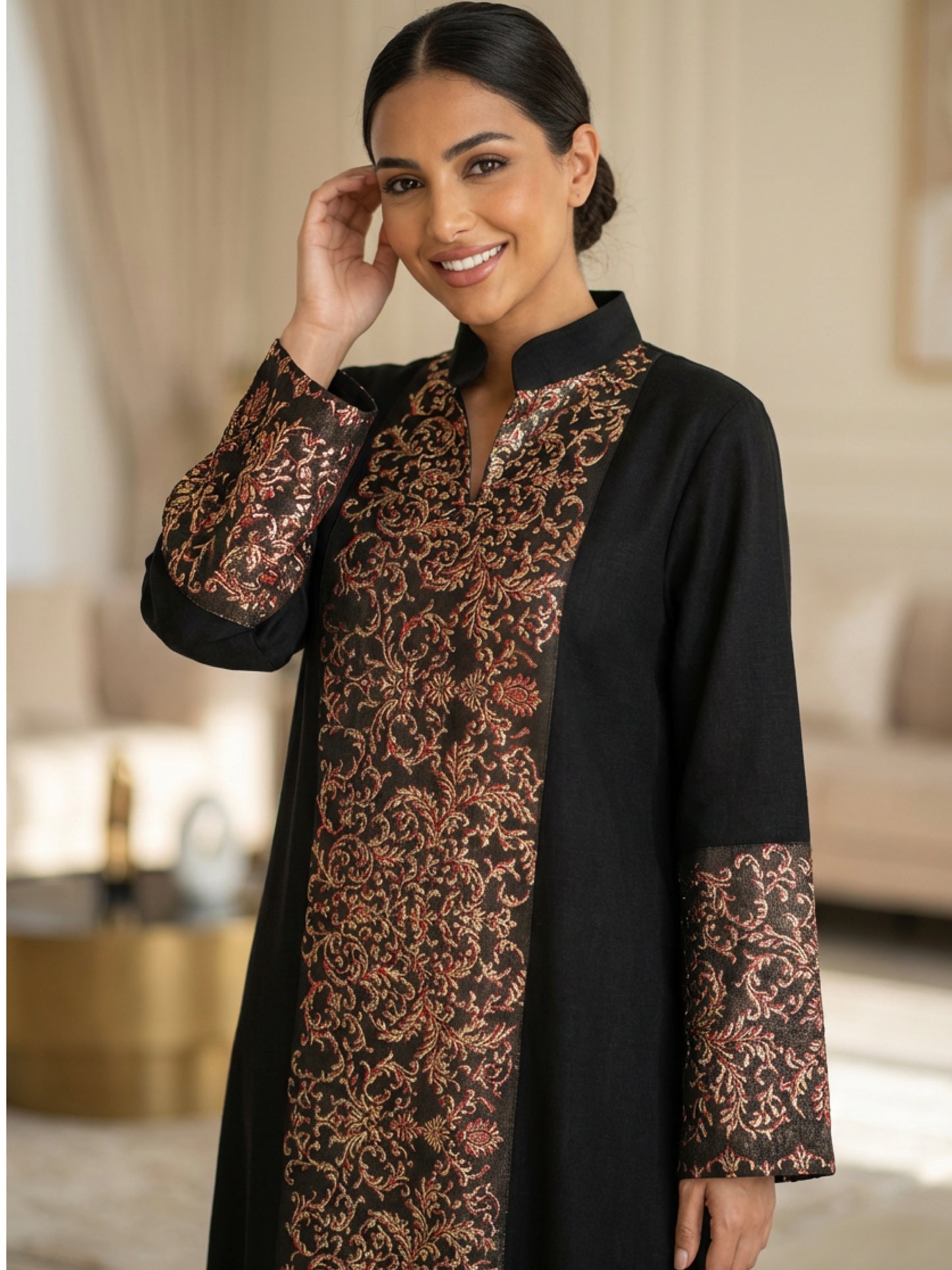 ZY-088 Black Luxury Jalabiya with Gold & Red Ornate Panel