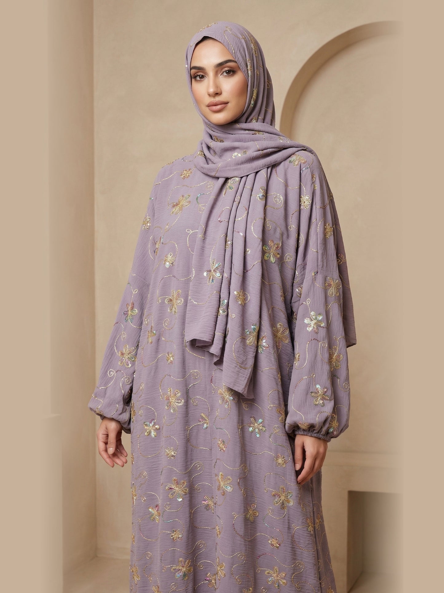 ZY-085 Lavender Shimmer Floral Prayer Abaya