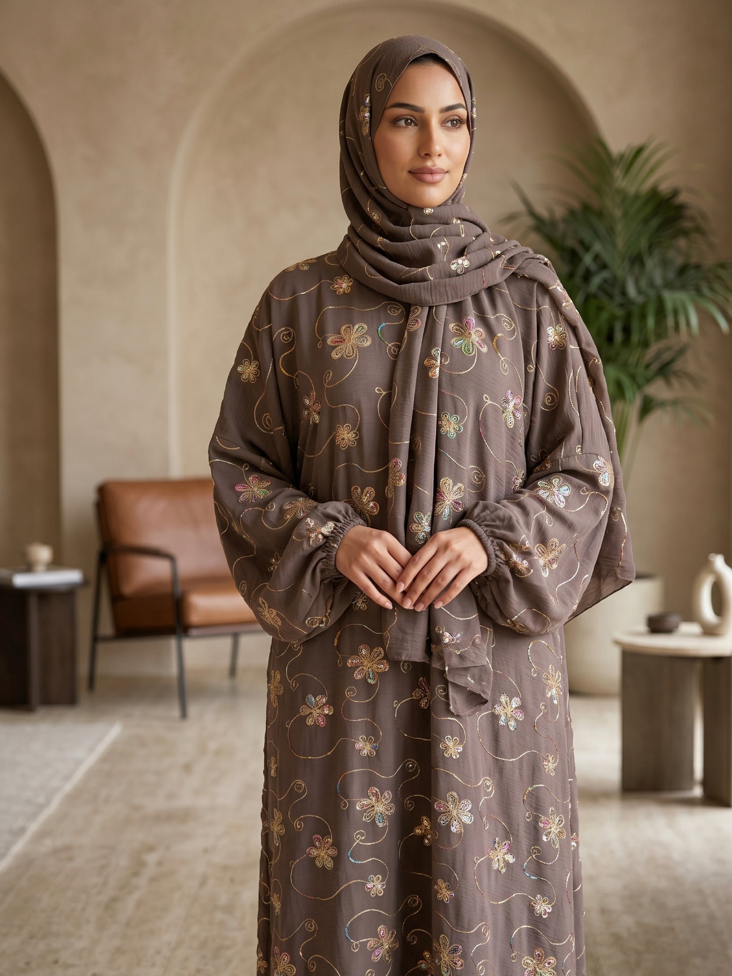 ZY-093 Soft Brown Prayer Abaya with Floral Sequins Detail