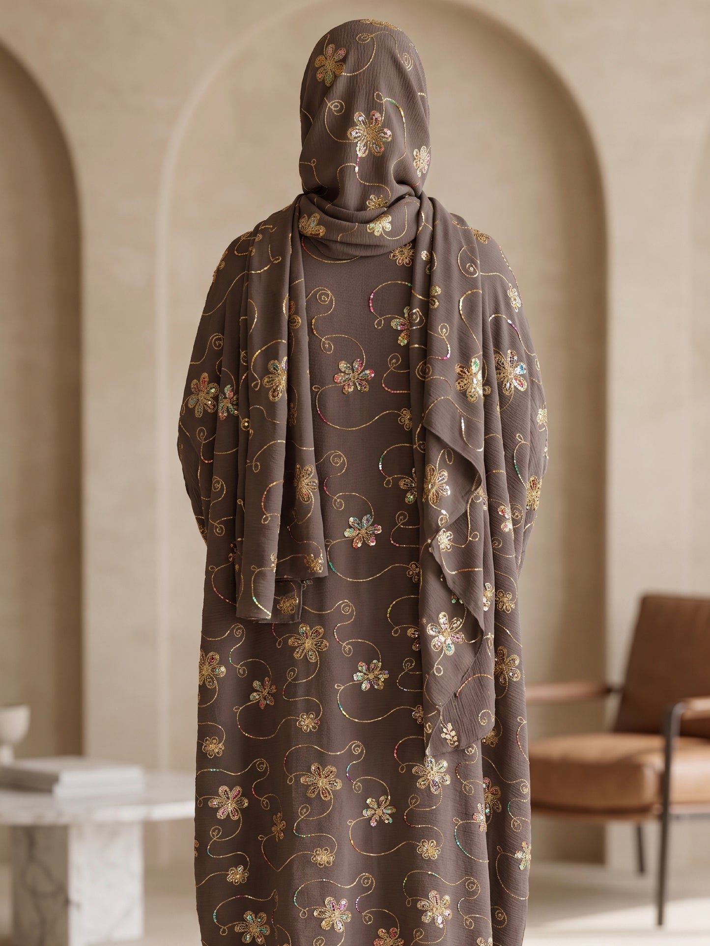 ZY-093 Soft Brown Prayer Abaya with Floral Sequins Detail