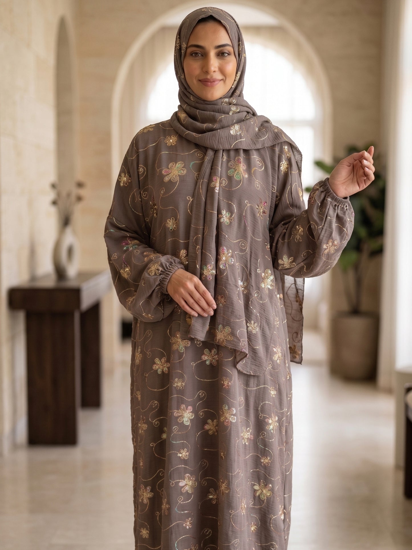 ZY-093 Soft Brown Prayer Abaya with Floral Sequins Detail