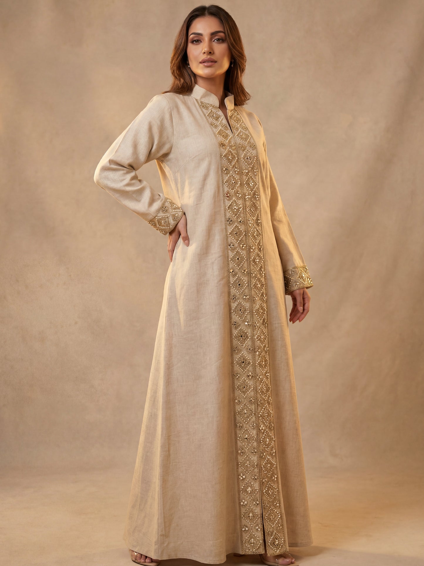 ZY-095 Beige Linen Jalabiya with Geometric Crystal Embroidery