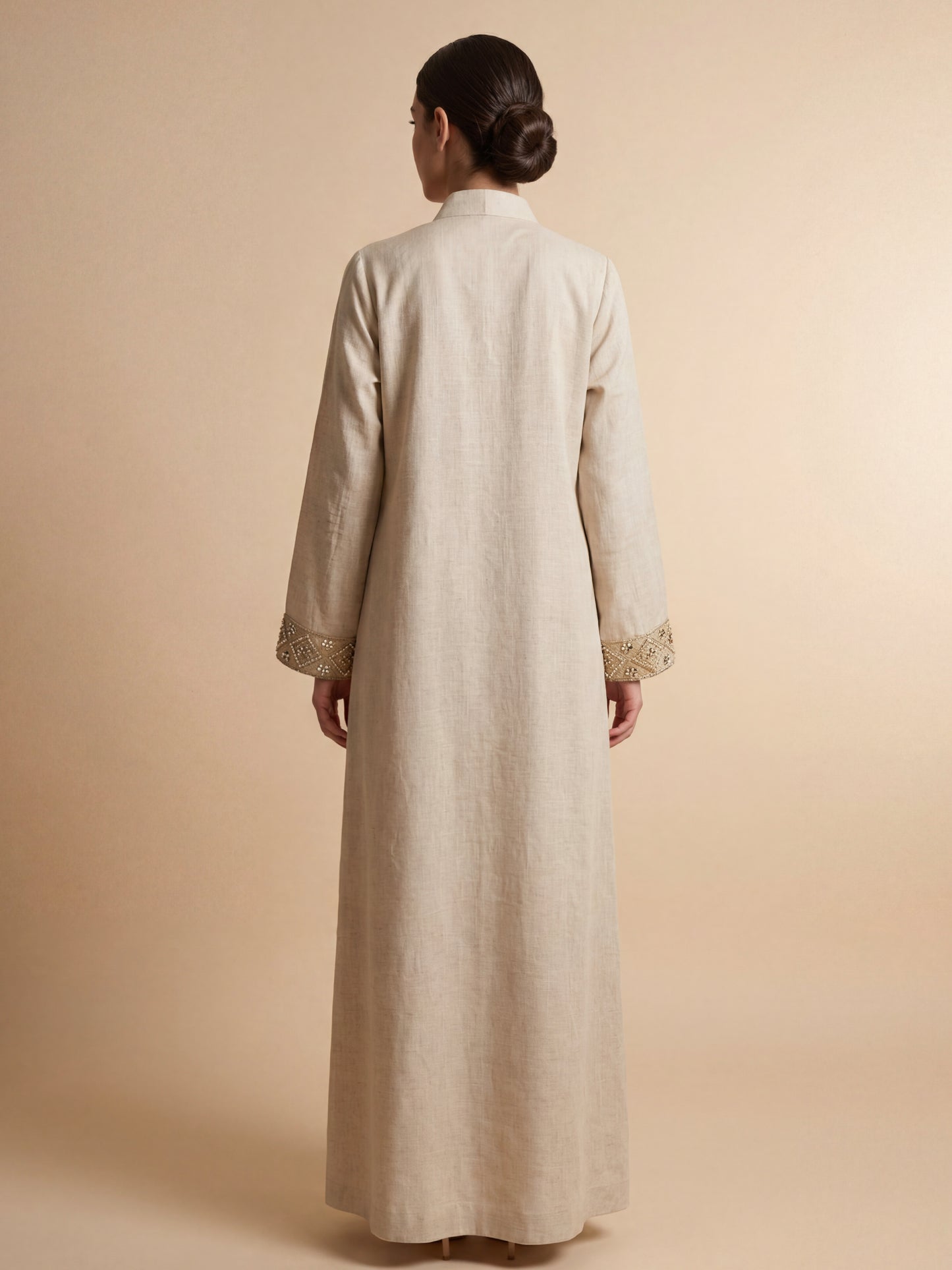 ZY-095 Beige Linen Jalabiya with Geometric Crystal Embroidery