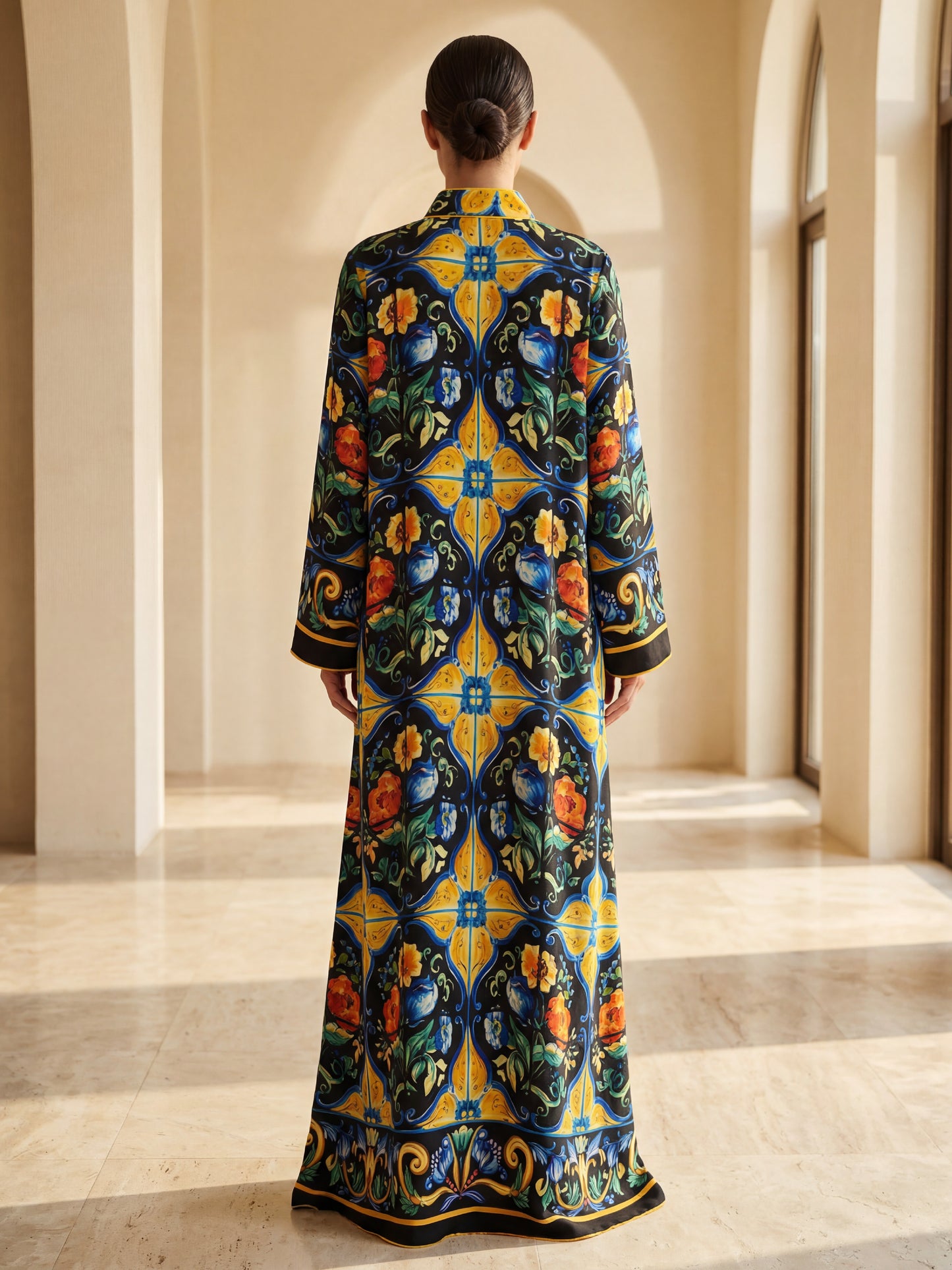 ZY-094 Black Jalabiya with Floral Tile Print