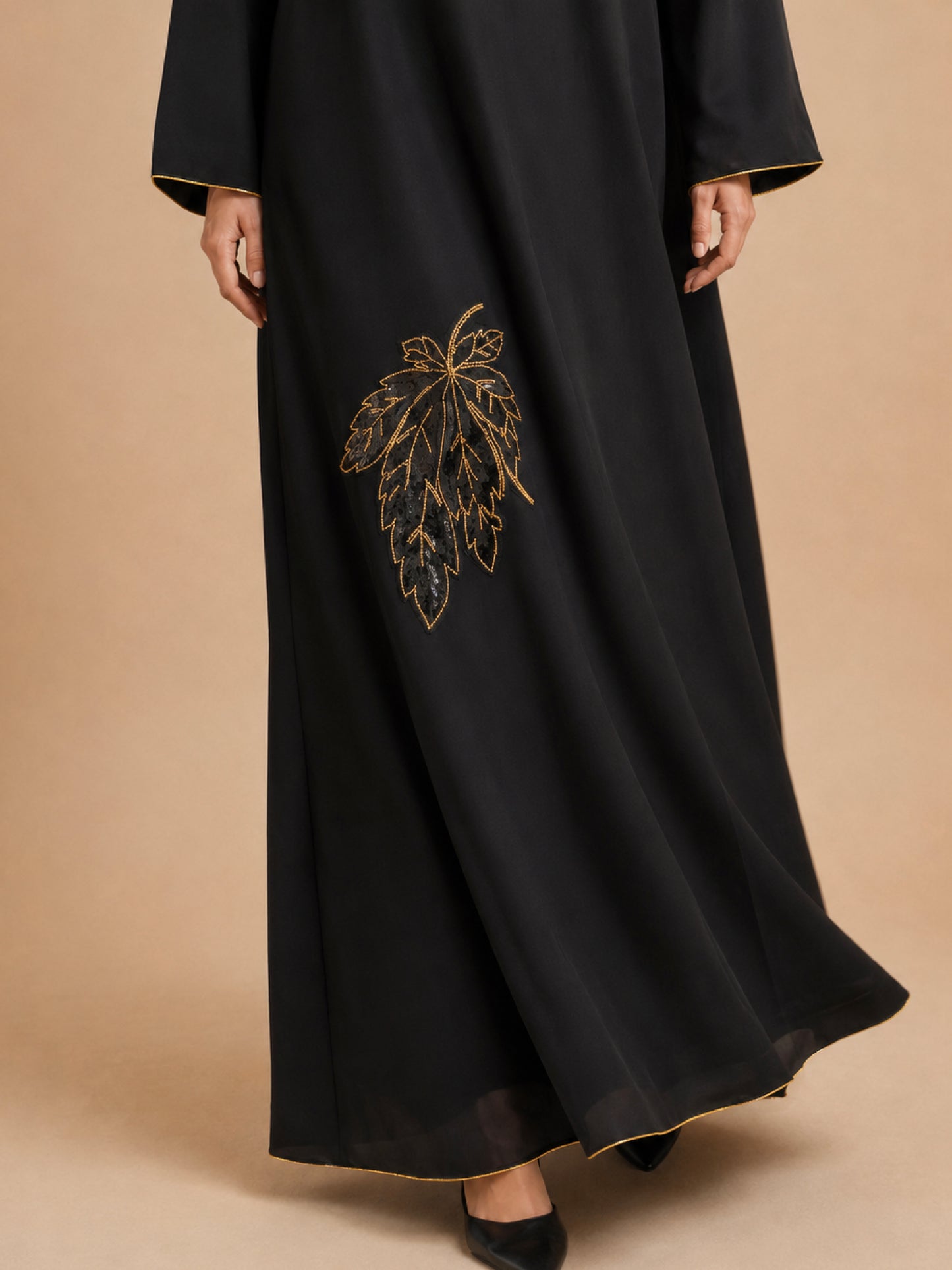 ZY-096 Black Jalabiya with Grape Leaf Embroidery