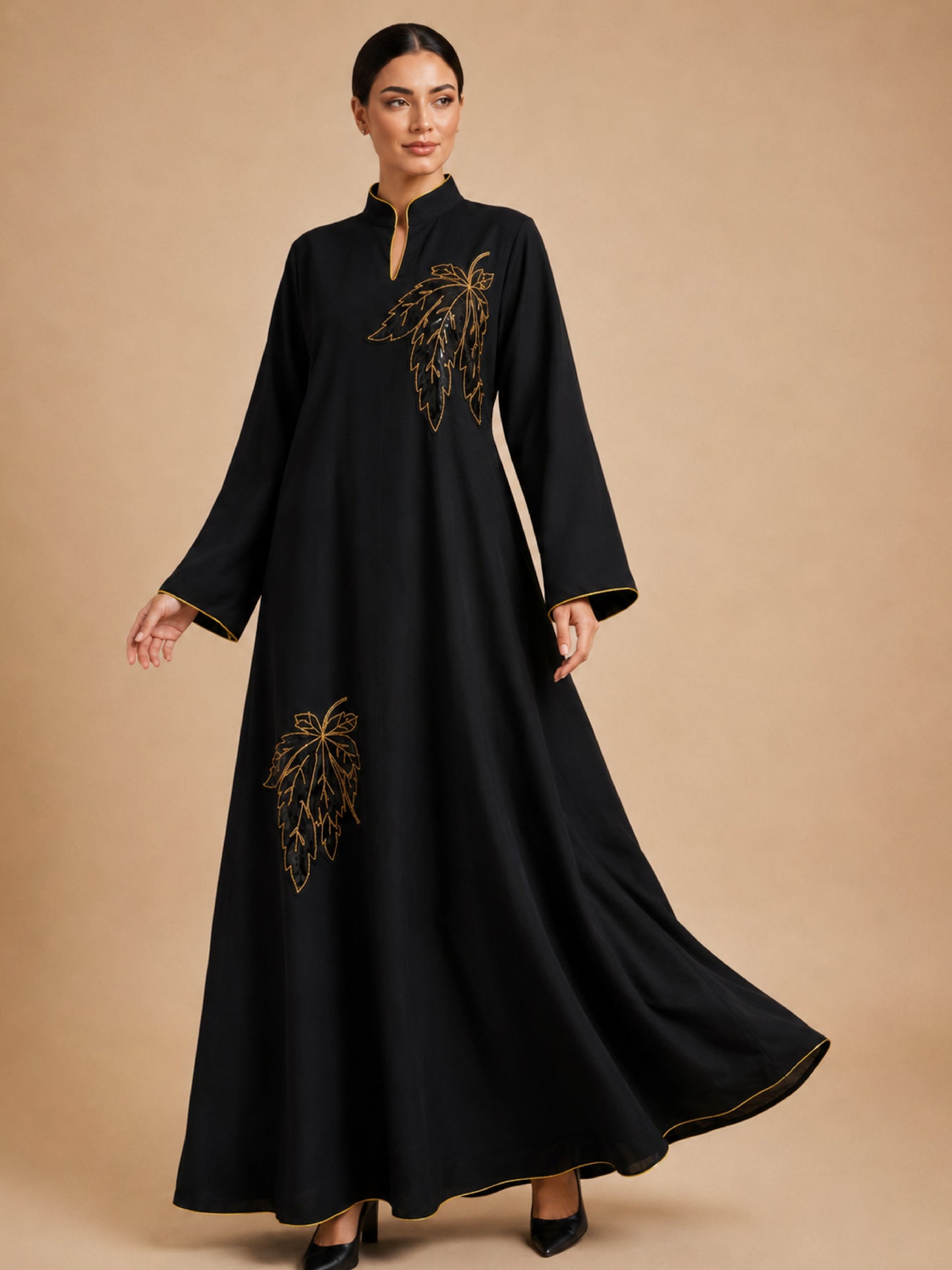 ZY-096 Black Jalabiya with Grape Leaf Embroidery