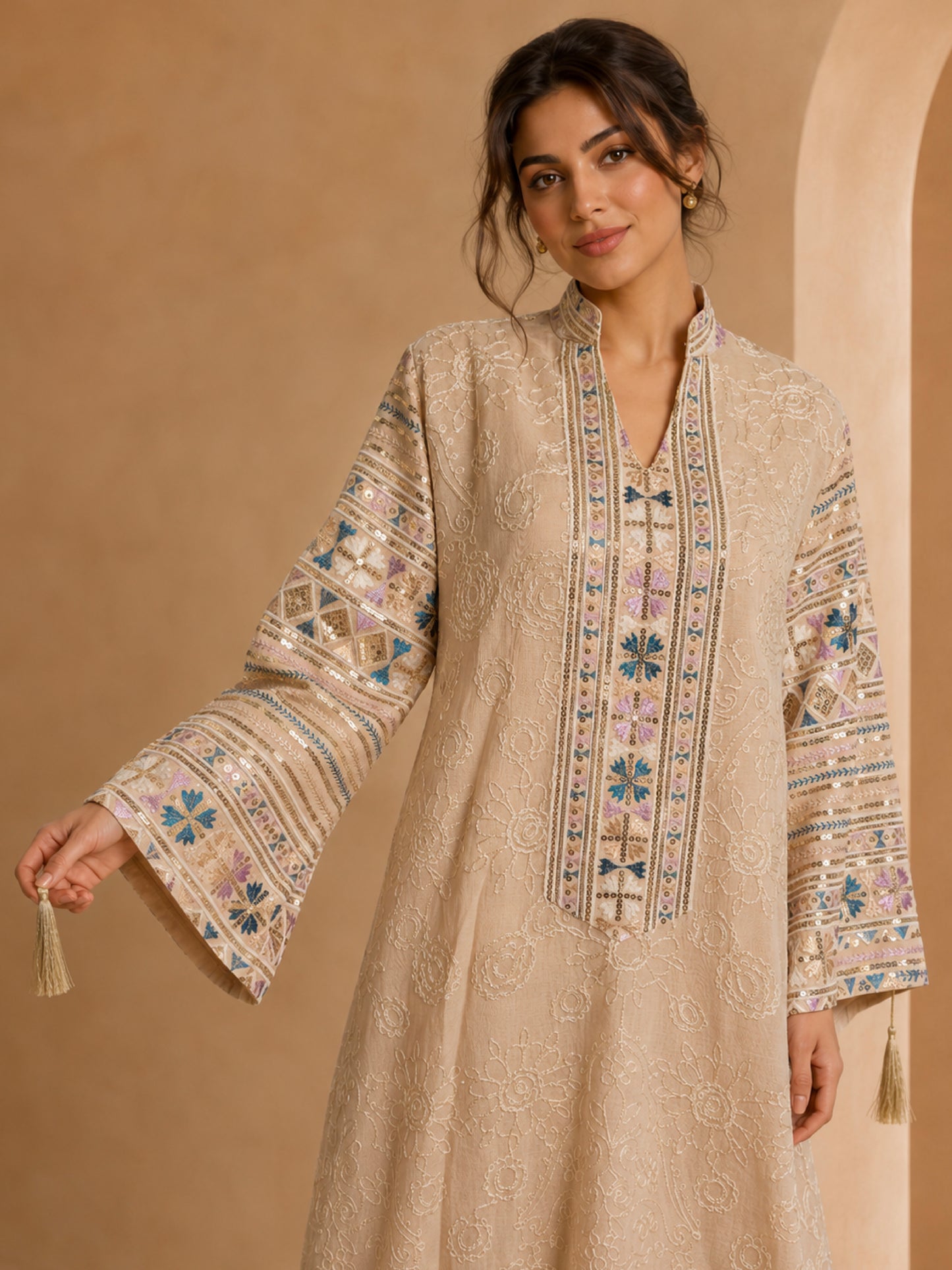 ZY-100 Beige Embroidered Jalabiya with Pastel Heritage Details