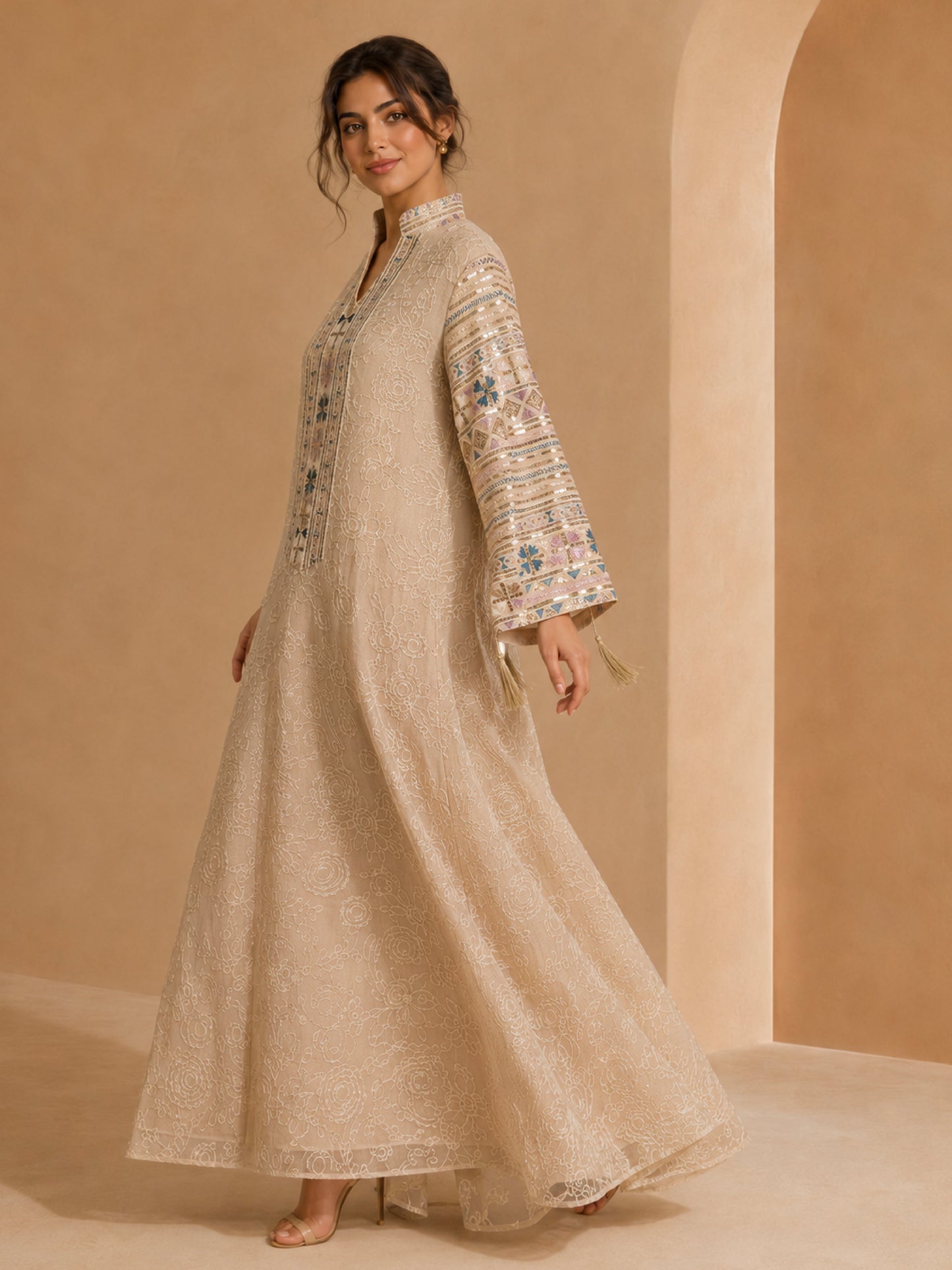 ZY-100 Beige Embroidered Jalabiya with Pastel Heritage Details