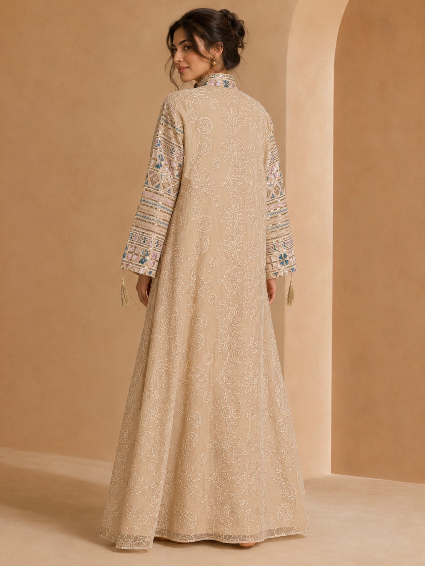 ZY-100 Beige Embroidered Jalabiya with Pastel Heritage Details