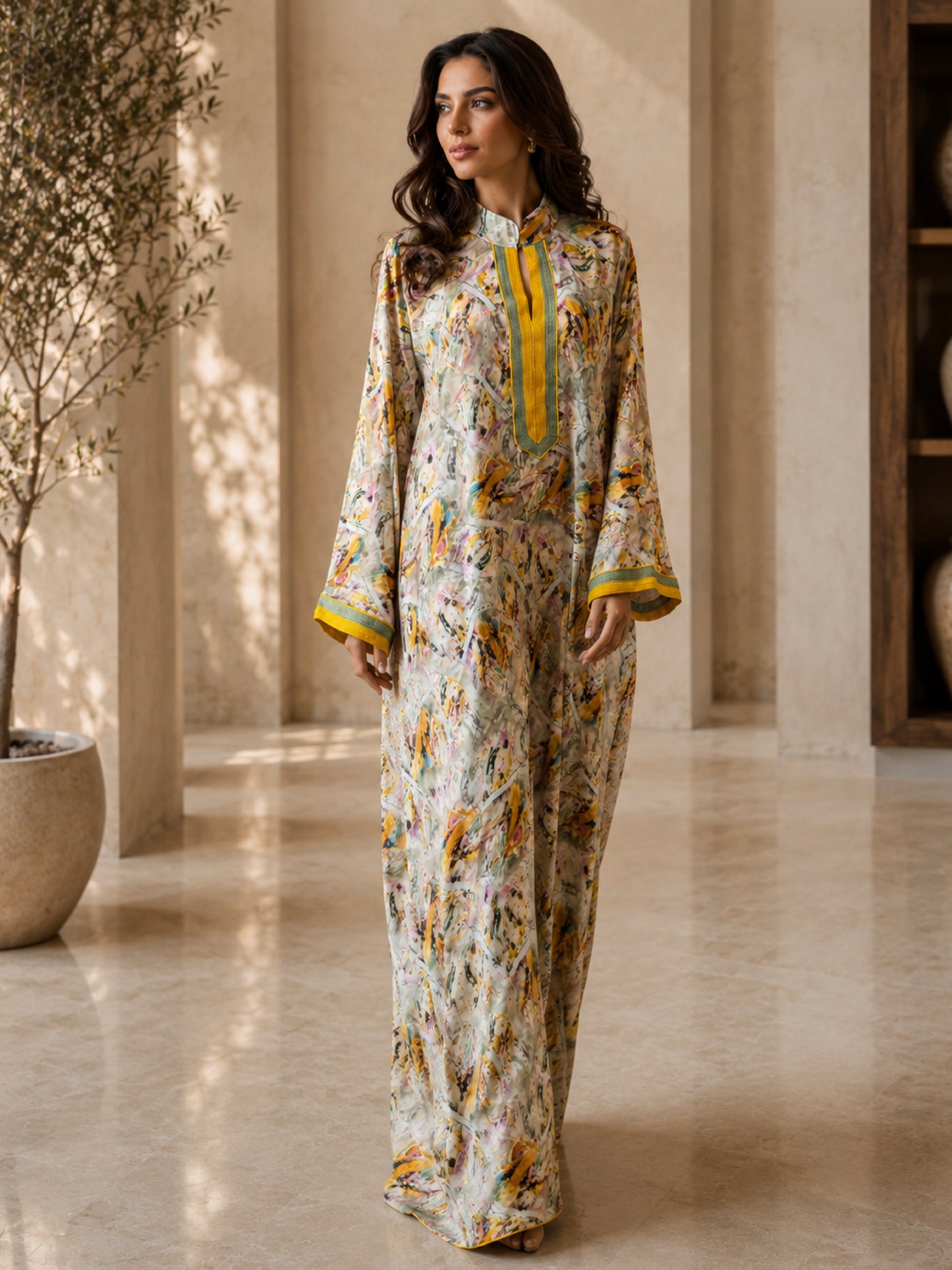 ZY-097 Abstract Print Jalabiya with Mustard Trim