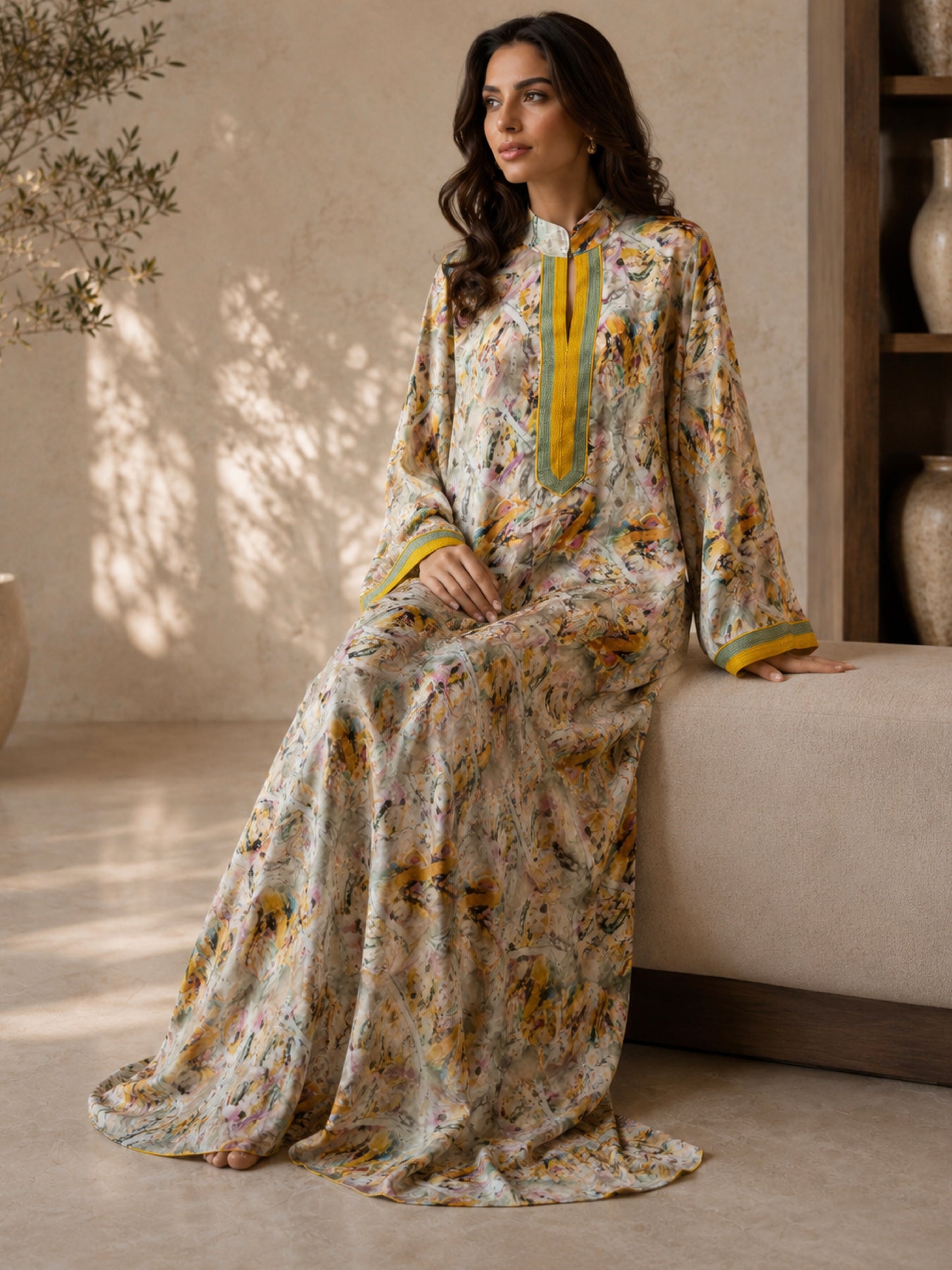 ZY-097 Abstract Print Jalabiya with Mustard Trim