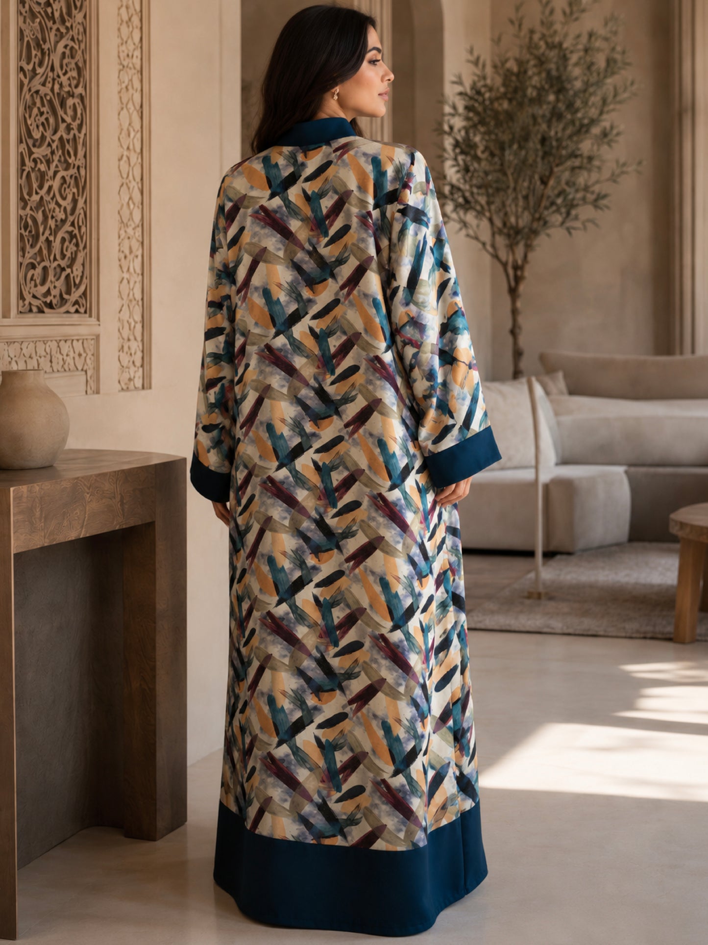 ZY-099 Abstract Brush Print Jalabiya with Teal Trim