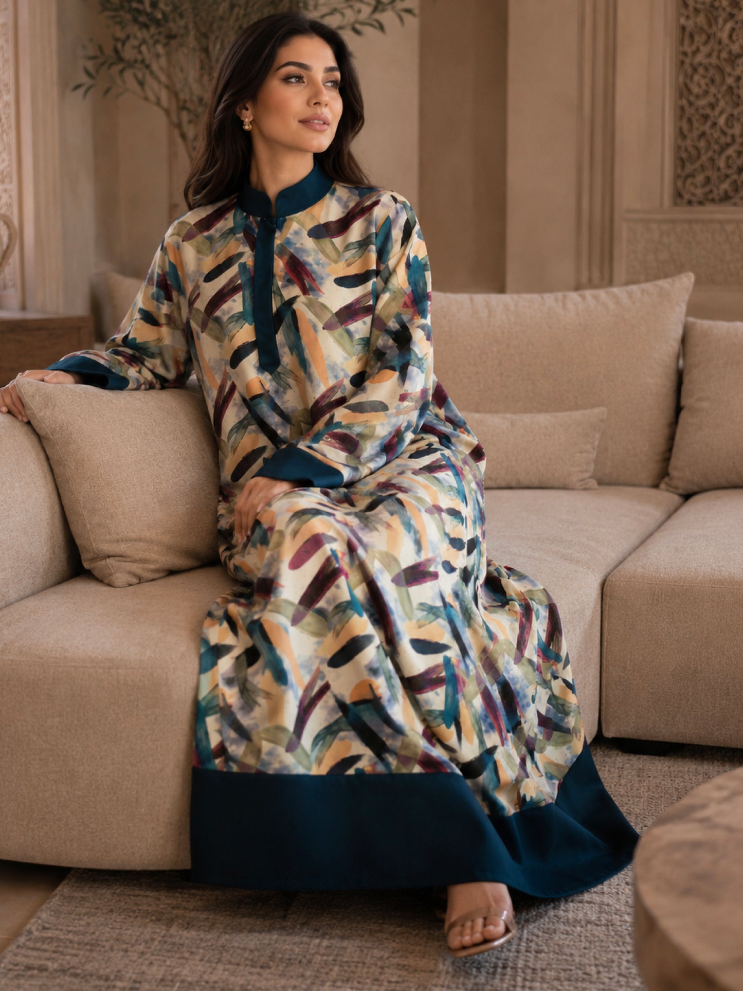 ZY-099 Abstract Brush Print Jalabiya with Teal Trim