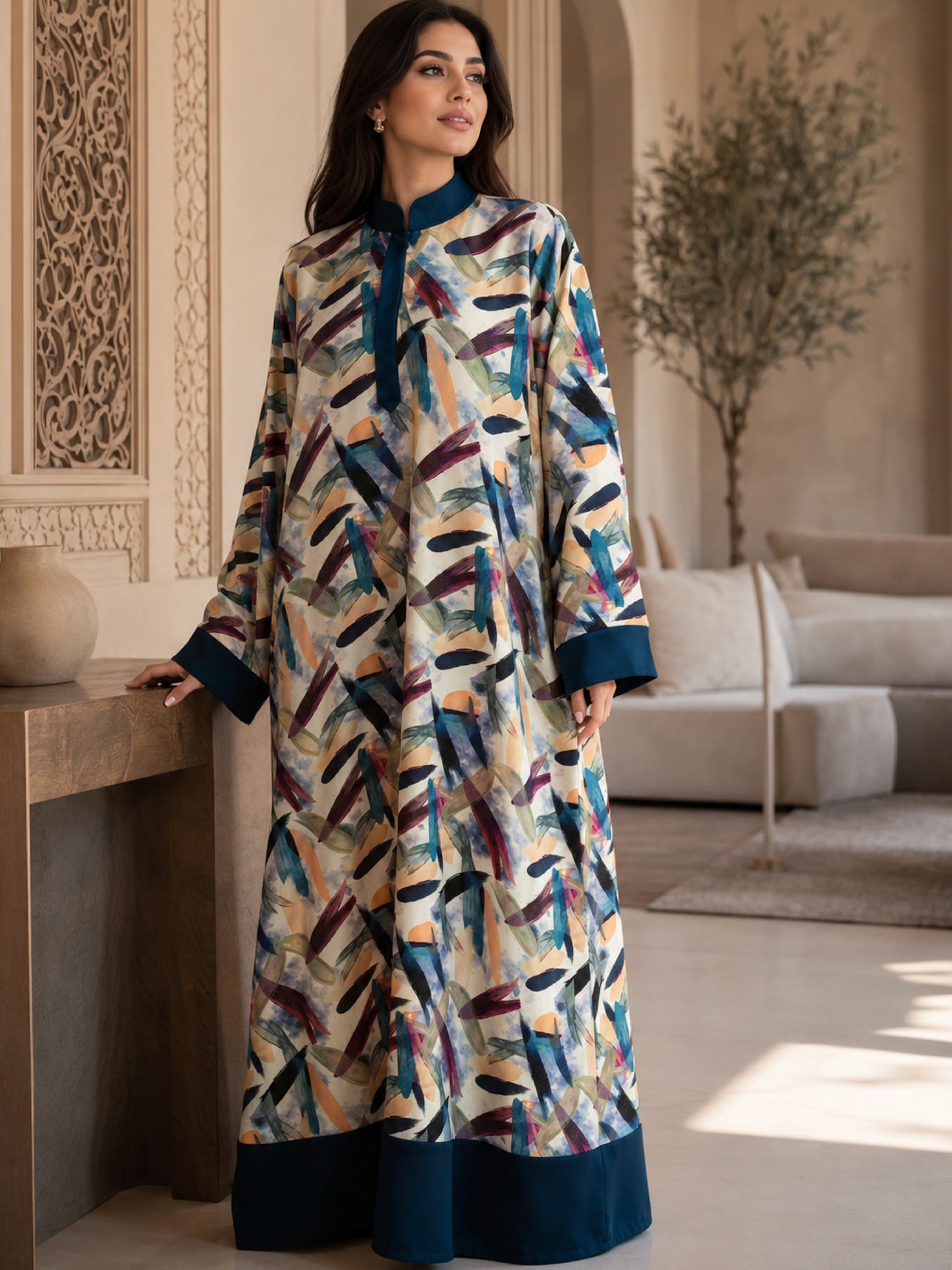 ZY-099 Abstract Brush Print Jalabiya with Teal Trim