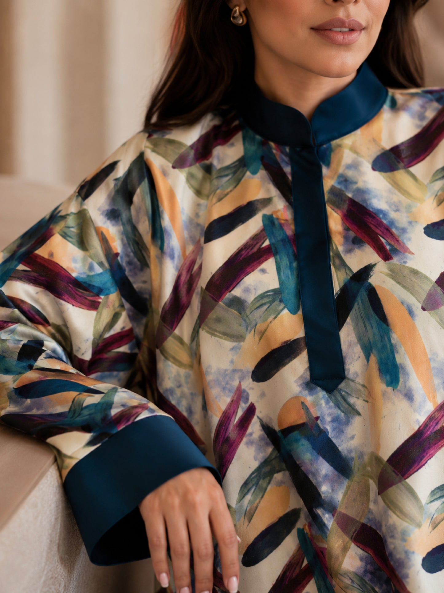 ZY-099 Abstract Brush Print Jalabiya with Teal Trim